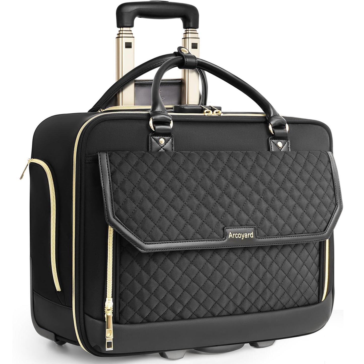 Arcoyard Rolling Laptop Bag, Water Resistant Briefcase for Women with Wheels, 17.3 Inch Computer Bags with Leather Handle, Roller Teacher Bag for Work Business, Flight Approved, TSA Friendly, Black