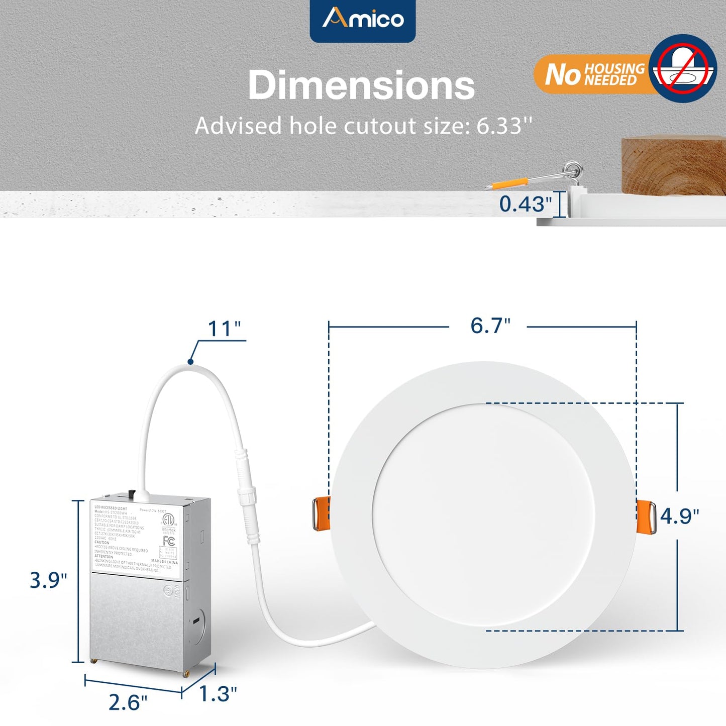 Amico 48 Pack 6 Inch 5CCT Ultra-Thin LED Recessed Ceiling Light with Metal Junction Box, 2700K-5000K Selectable, 12W Eqv 110W, Dimmable Canless Wafer Downlight with Plastic Trim, 1050 Lumens -ETL&FCC