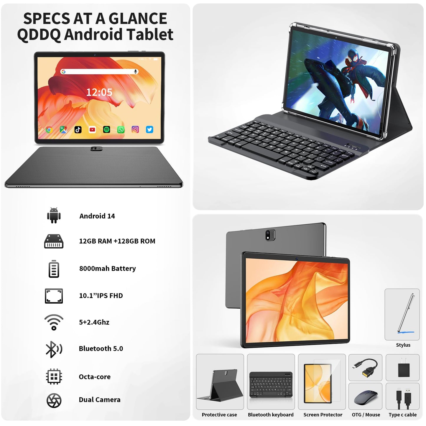 Android Tablet with Keyboard, Android 14 Tablet, 12(6+6)GB+128GB, 1TB Expand, 2 in 1 Tablet, 10 inch Tablet with Case, Mouse, Stylus, 8000mAh Battery, 2.4G/5G WiFi, GPS, Certified Tablet PC, Green