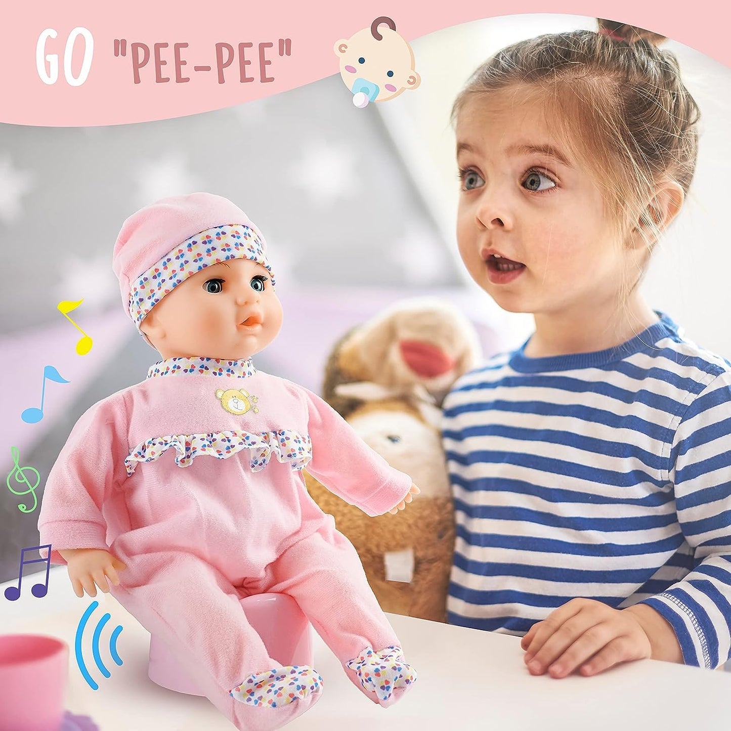 SMILESSKIDDO Interactive Baby Doll Pink - 16 Inch Crying Talking Feeding Dolls with Different Sounds and Accessories, Pretend Play Preschool Toys for 2 3 4 5+ Year Old Girls Boys Gift