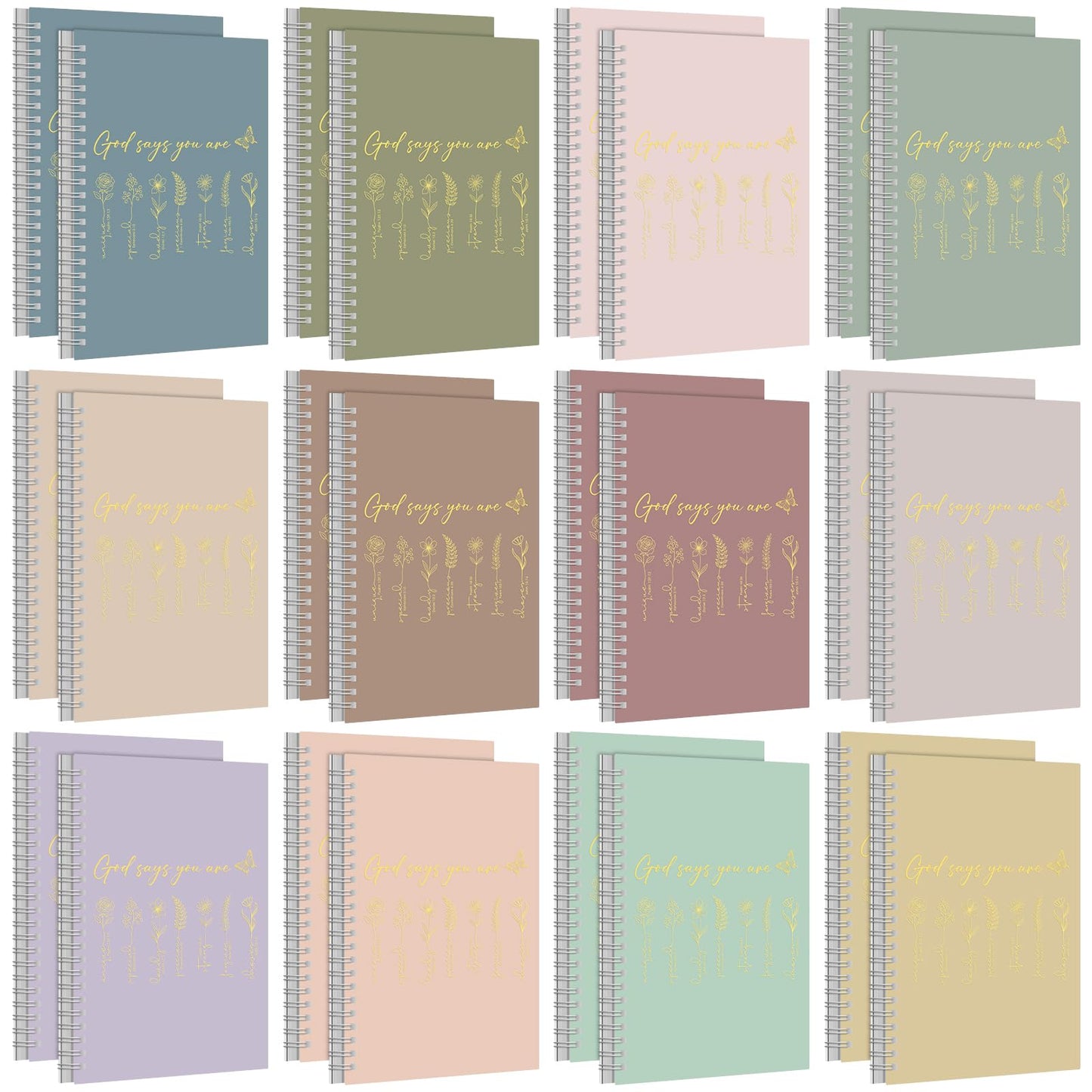 MotiMind 24 Pcs Floral Christian Spiral Notebook Set A5 Christian Gifts for Women God Says You Are Bible Verse Inspirational Prayer Journal with Gold Foil Cover for Church 5.8" x 8.3" (Morandi)
