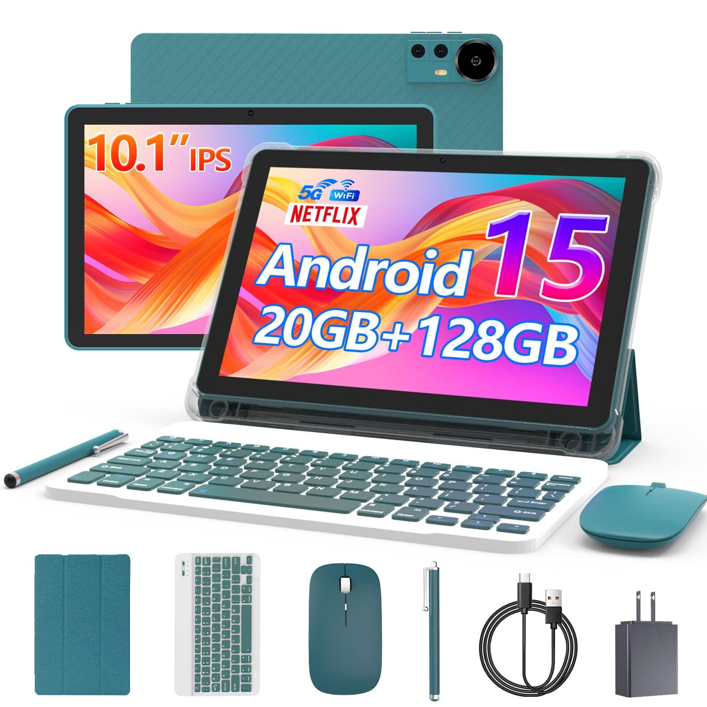 CUPEISI Android 15 Tablet 10 Inch, 20GB RAM+128GB ROM/ 2TB Expandable, 2.0GHz Quad-core Processor, 1280*800 HD Screen, 5G WiFi6 BT 5.0, 2 in 1 Tablets with Keyboard Case Mouse Stylus, Widevine L1 Blue