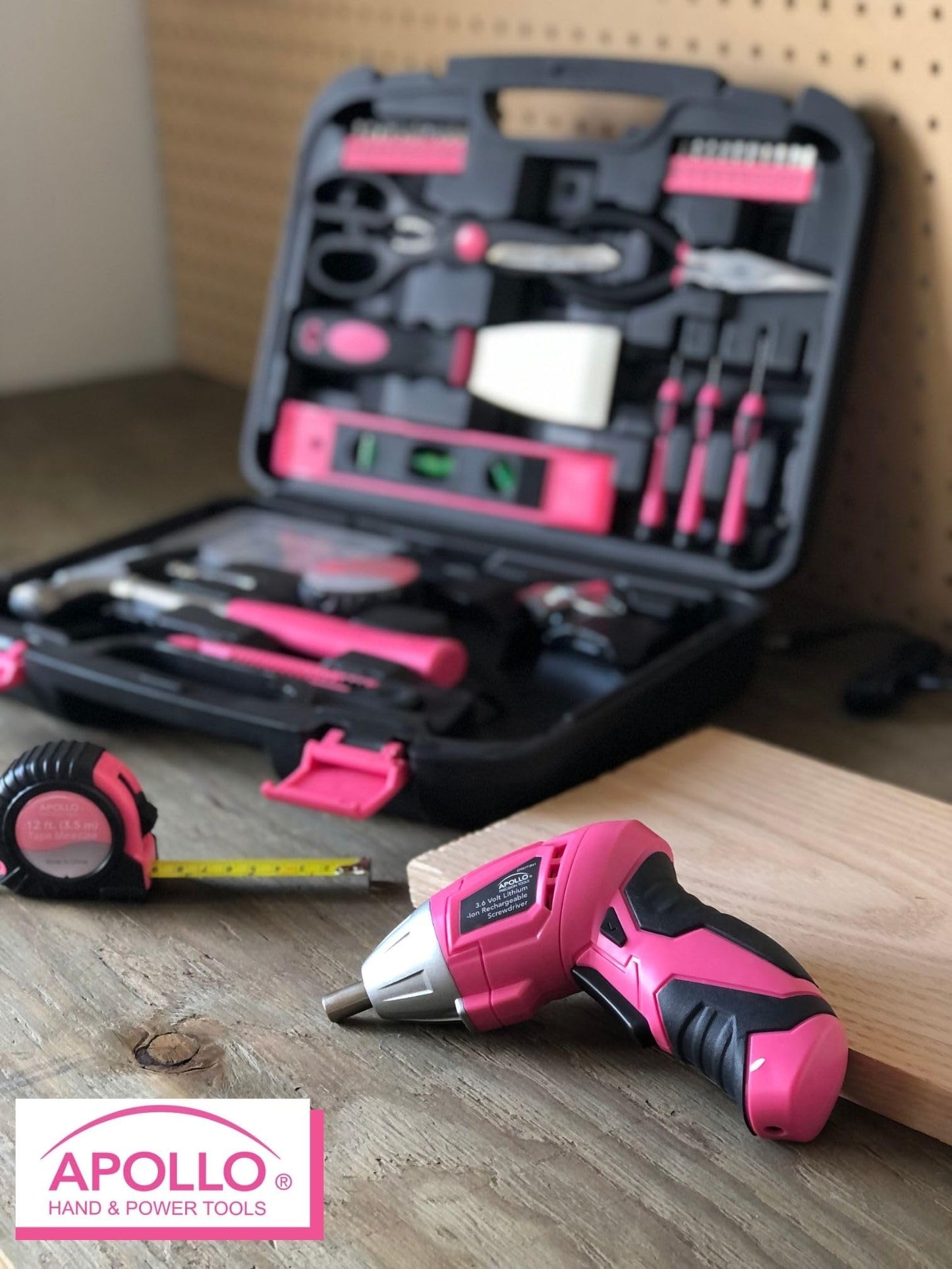 Apollo Tools 135 Piece Household Pink Hand Tools Set with Pivoting Dual-Angle 3.6 V Lithium-Ion Cordless Screwdriver - DT0773N1