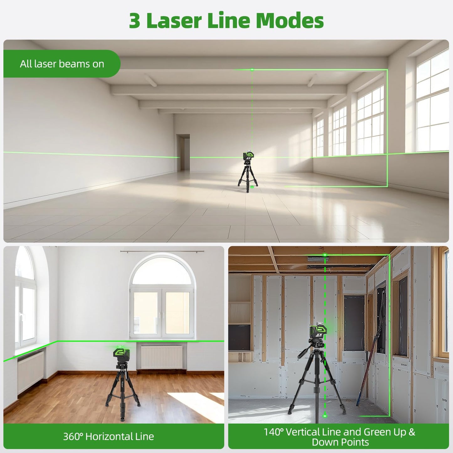 Huepar Self Leveling Green Laser Level Cross Line with 2 Plumb Dots Laser Tool -360 Horizontal Line Plus Large Fan Angle of Vertical Beam -Li-ion Battery with Type-C Charging Port&Magnetic Base 7211CG