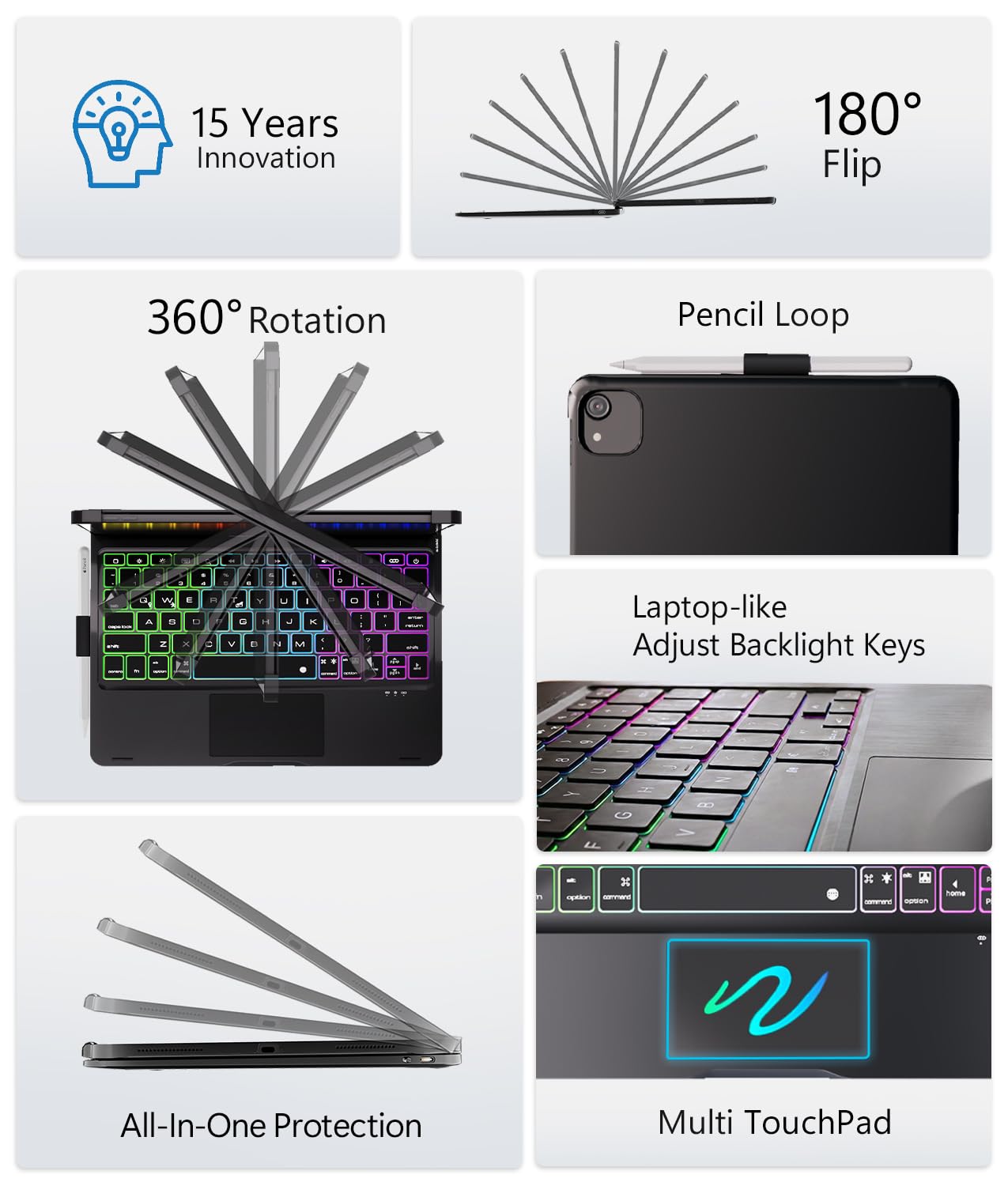 BABG TouchPad Keyboard Case for iPad 10th Generation&iPad 11th(A16,2025),iPad Air 11(M3,M2/iPad Pro 11 inch Keyboard&iPad Air 5th/Air 4th Keyboard, 360°Swivel,7 Use Modes,Rainbow Backlight- Black