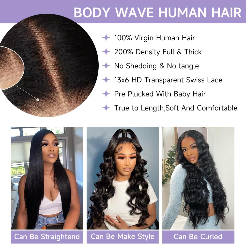 32 Inch Body Wave Lace Front Wigs Human Hair Pre Plucked With Bleached Knots 13x6 HD Lace Frontal Human Hair Wigs 200 Density Natural Color Human Hair Wig Glueless Wigs Human Hair