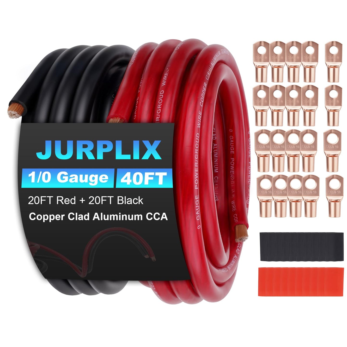 1/0 Gauge Wire 1/0 AWG Battery Cable (20FT Red+20FT Black), Copper Clad Aluminum CCA Amp Wiring Kit, Automotive Wire with Terminals Connectors, for Car Audio Speaker, Marine, RV Trailer