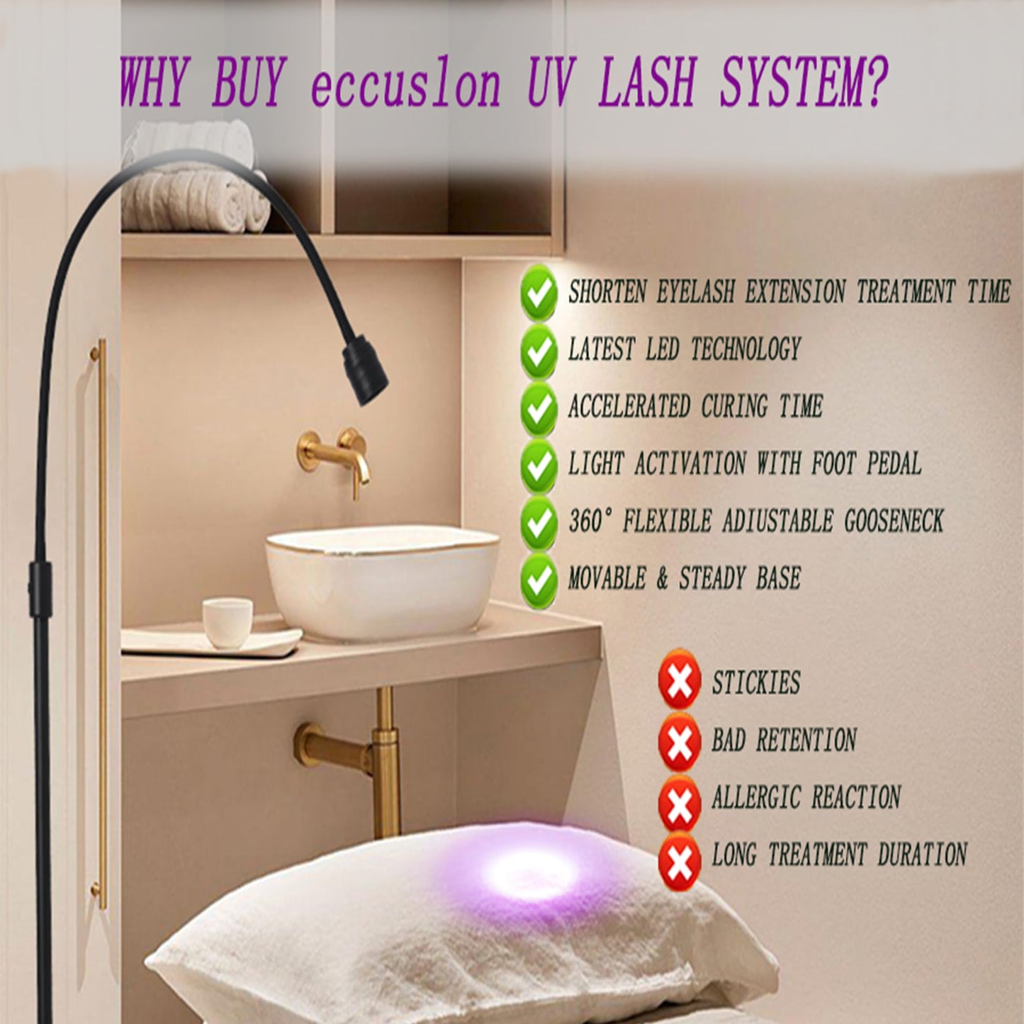 12W UV Lash Light with Foot Pedal, Rapid Dry in 2 Seconds Lash Lamp for Eyelash Extension Grafting Eyebrow Beauty Salon, Adjustable Angle and Light Spot Size, Lash Light for Eyelash Tech (White)