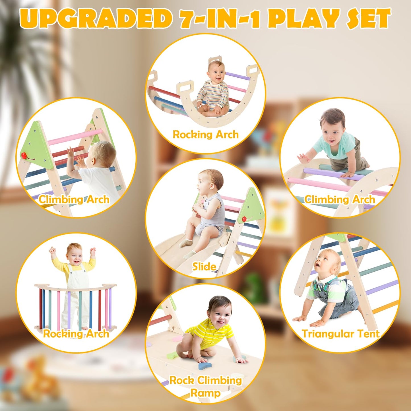 7 in 1 Wooden Pikler Triangle Set, Foldable Indoor Toddler Climbing Toys, Montessori Climbing Set for Children with Arch, Ramp, Ladder, Jungle Gyms for Kids, Baby Sensory Toys