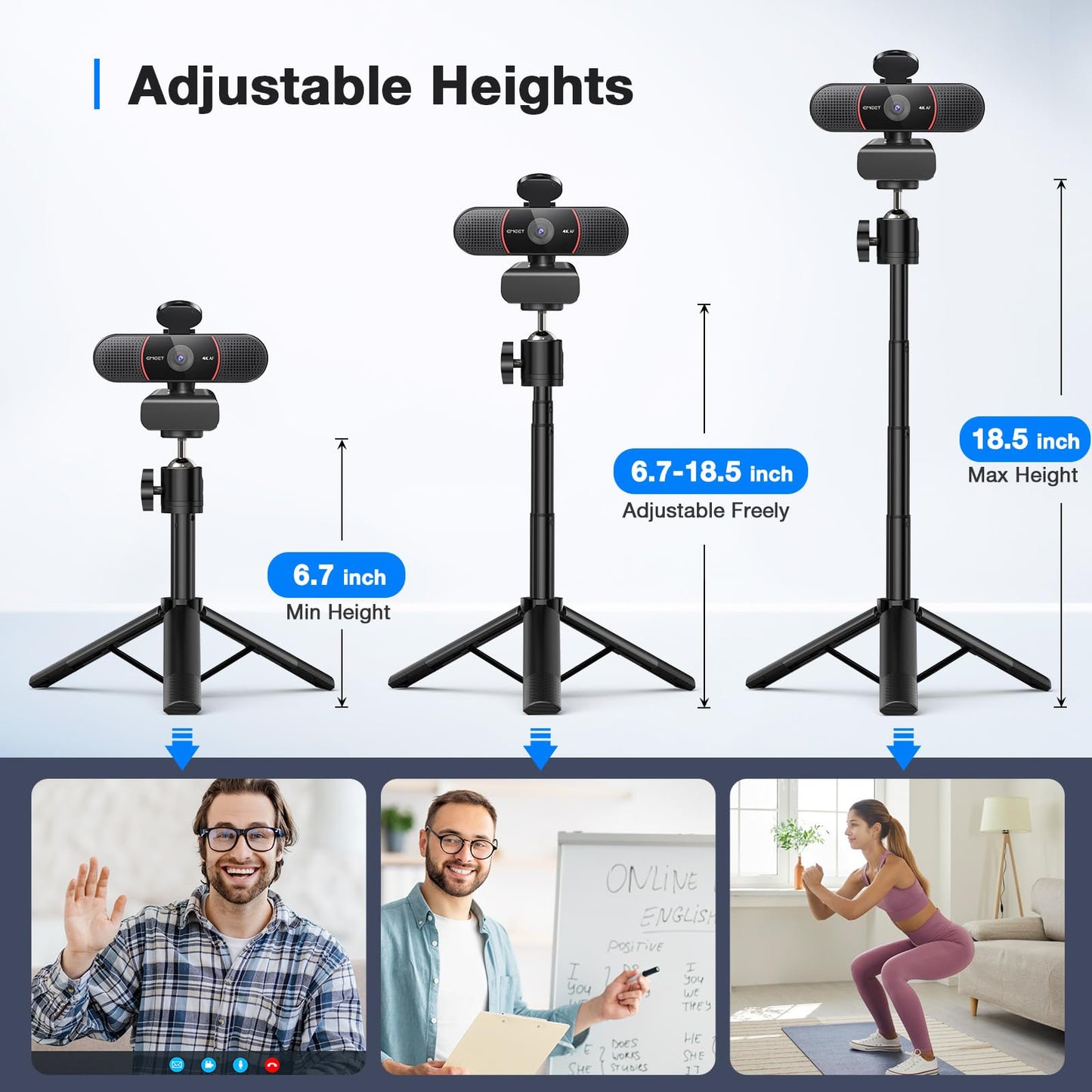 EMEET C960 4K Webcam with Tripod, 4K UHD Sony Sensor, 3 Adjustable Height Mini Tripod w/Privacy Cover, PDAF Auto Focus, Dual Noise-Cancelling Mics, Auto Light Correction, Perfect for Online Meetings