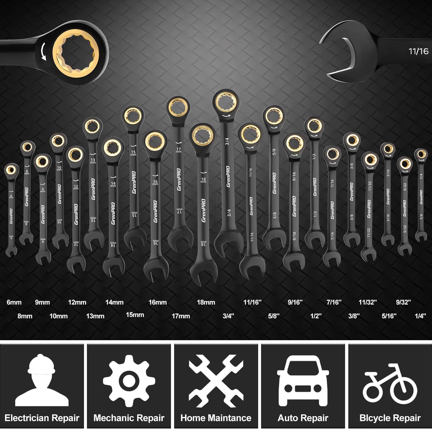 GRENPRO Ratcheting Wrenches Set, Combination Wrench Sets With Organizer Box, 23PC SAE & Metric And Standard, 1/4" to 3/4" & 6-18mm, Open End Wrench Set, Electrophoretic Coating Sock Mechanic Tools