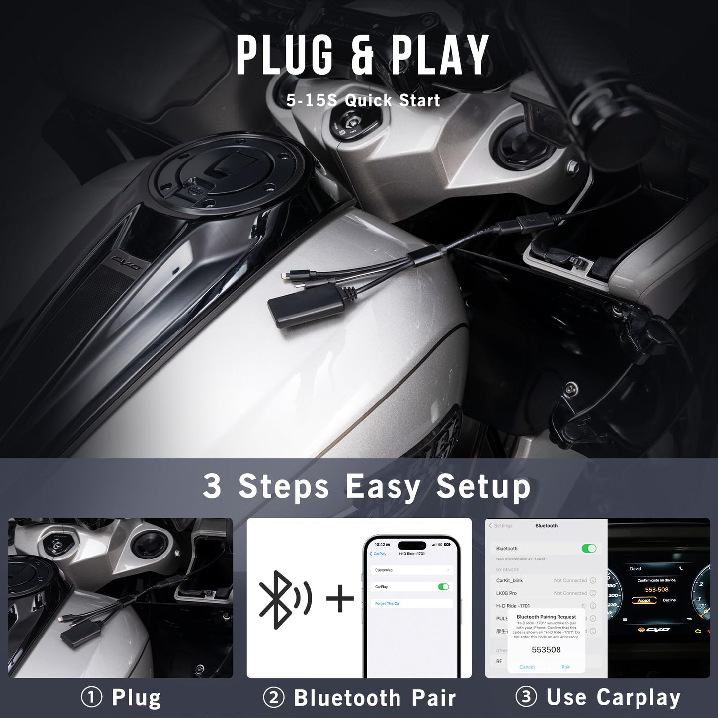 2025 Road Glide Harley Carplay, Motorcycle Wireless CarPlay Adapter, Street Glide Carplay Fit for Harley 121 CVO Touring, 2023 CVO 2024 Road Glide/Street Glide 2025 Street Glide. Plug and Play, Black