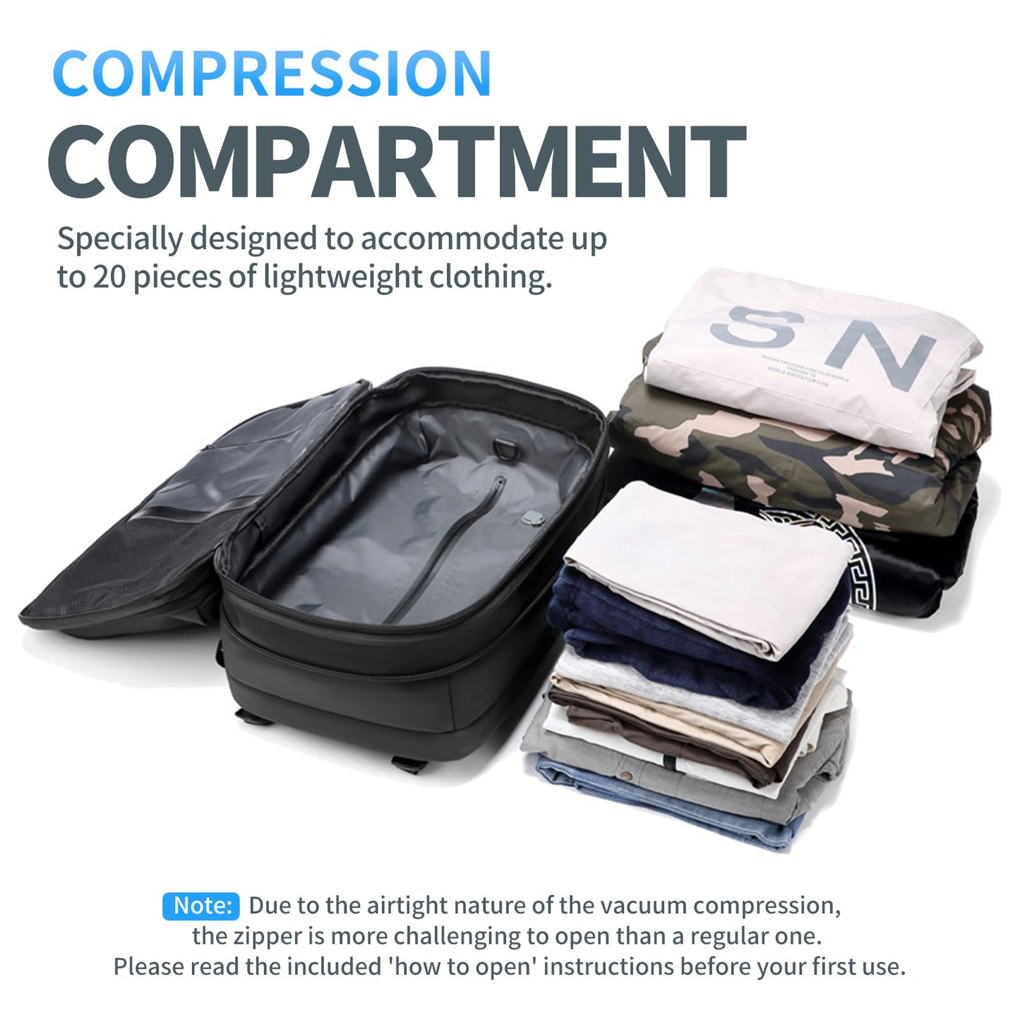 Kuvictewl 60L Expandable Vacuum Backpack with Pump - Black, Travel, Business Trip, Weekender, Short Travel, Hiking, Camping, Trekking, Daily Use, Leisure, Outdoors