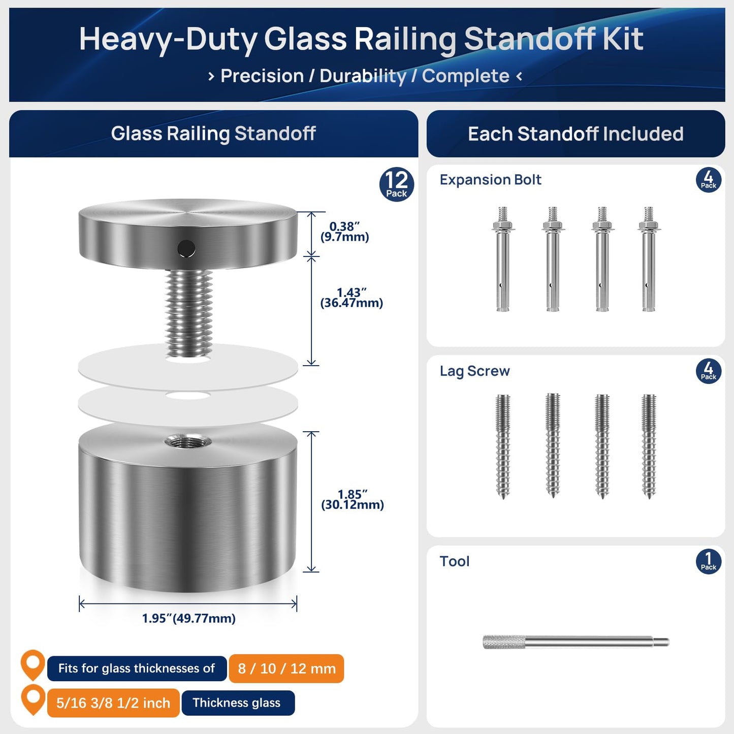12 Pack LukLoy SS316 Heavy Duty Glass Railing Standoff Hardware for Balcony Stair Balustrade Glass, 2" Stair Glass Railing Standoffs Pins (Marine Grade)