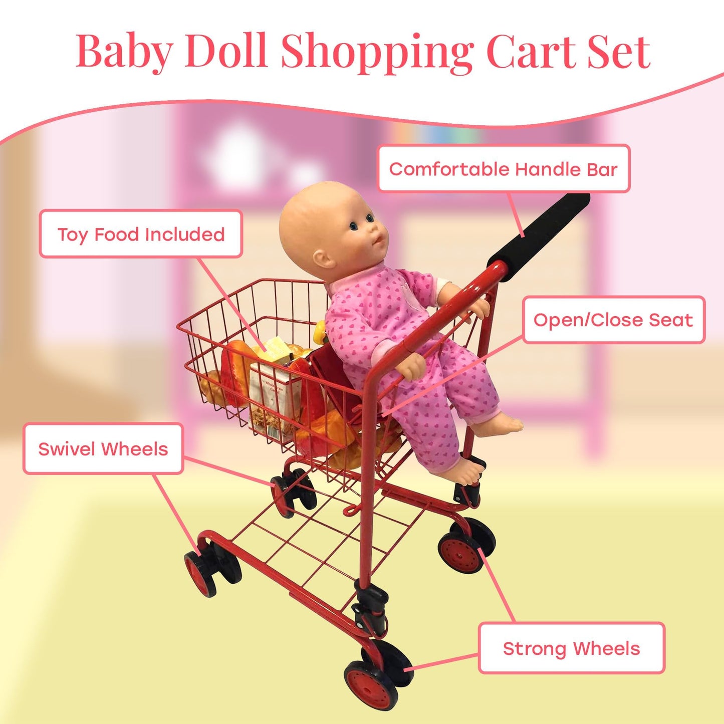The New York Doll Collection Toy Shopping Cart for Kids and Toddler - Includes Food - Folds for Easy Storage - with Sturdy Metal Frame (Red)
