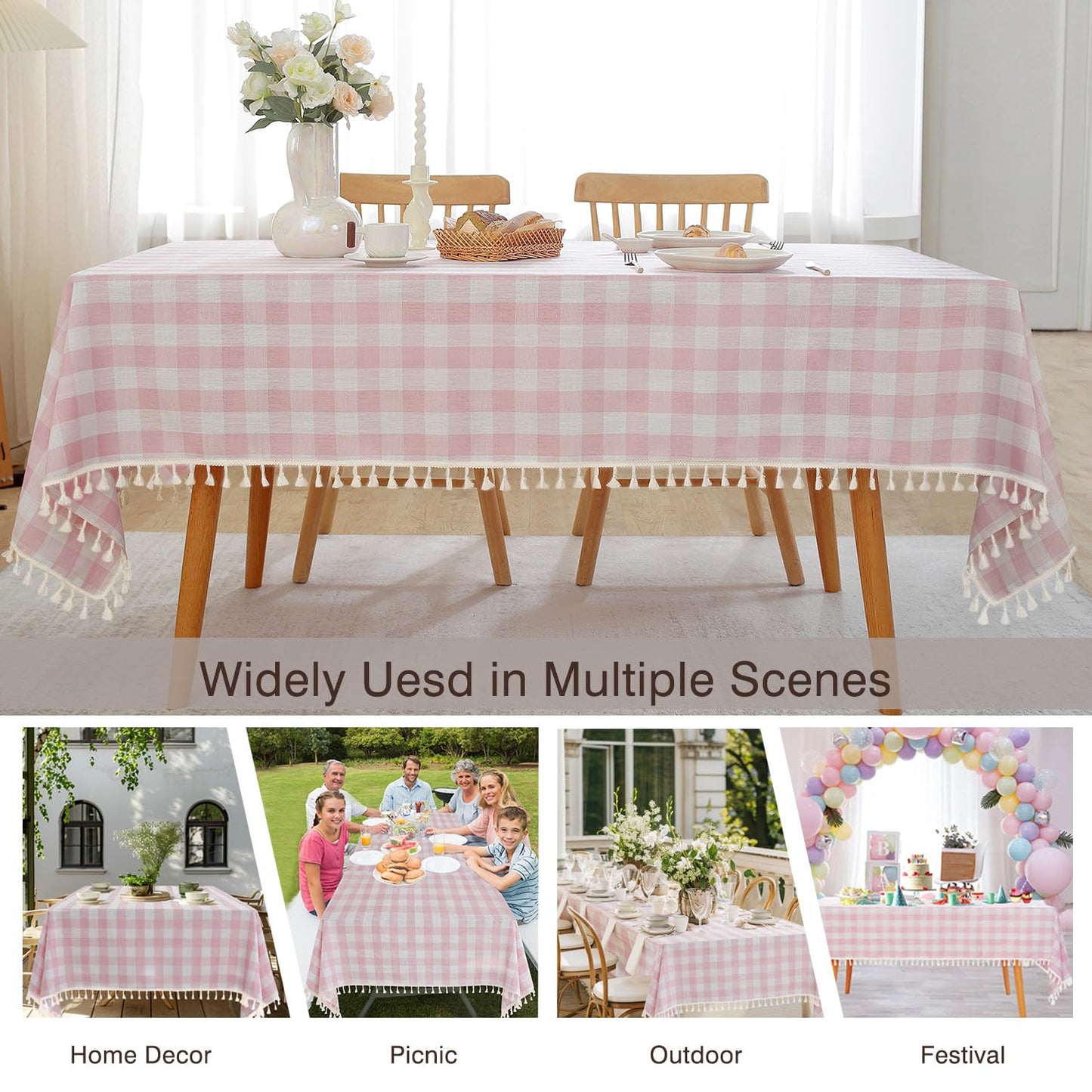 JIALE Checkered Table Cloth Rectangle Cotton Linen Fabric Gingham Tablecloth with Tassel Washable Wrinkle Free Buffalo Plaid Table Cover for Spring Picnic Kitchen Dining, Pink and White, 55x120''