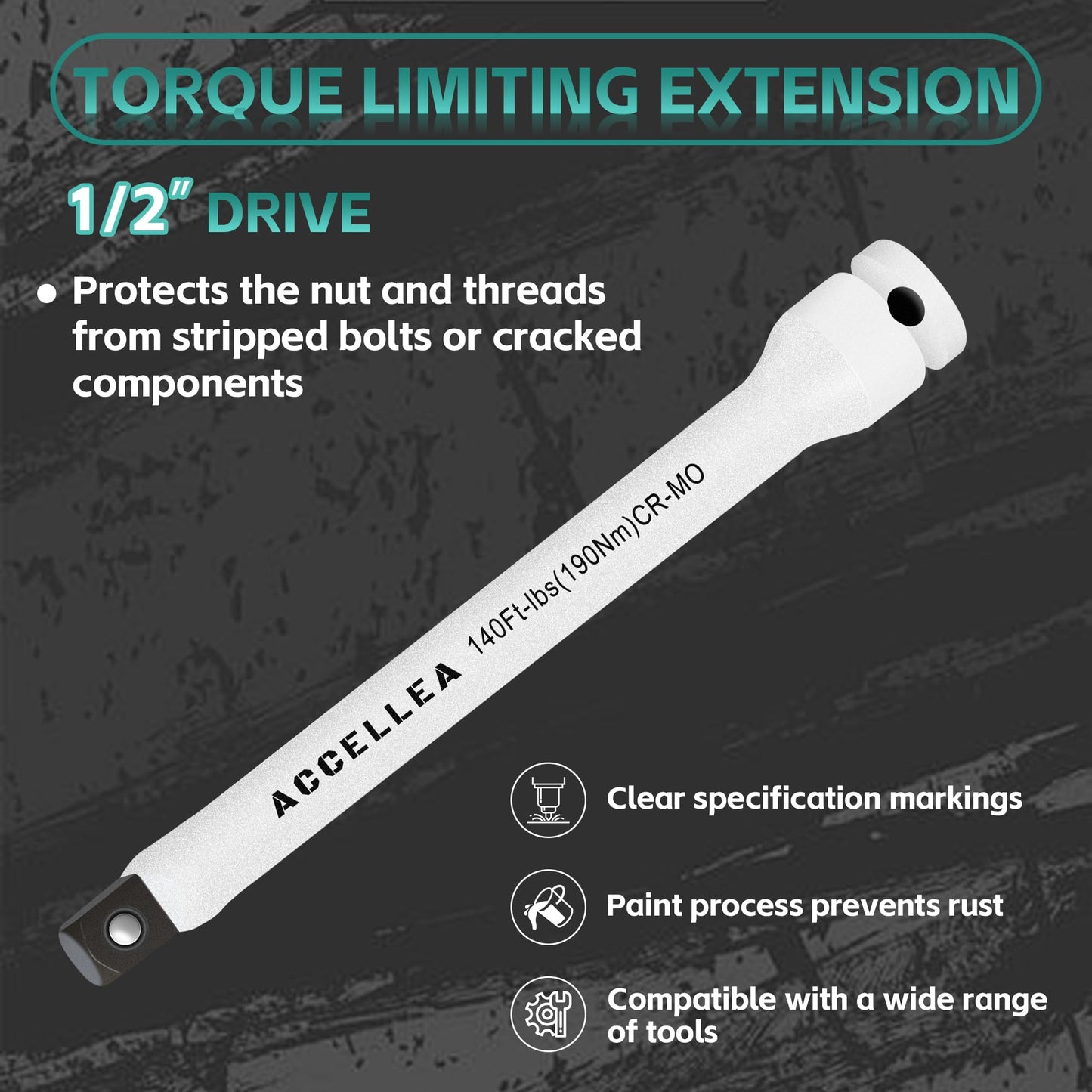 ACCELLEA 10-Piece Torque Limiting Extension Bar Set, 1/2" Drive, 8" Long, 65-150 Ft-lbs, CR-MO, SAE Standard, Color-Coded Impact Socket Extension Bar Set with Storage Case, for Tire Repair & Drills