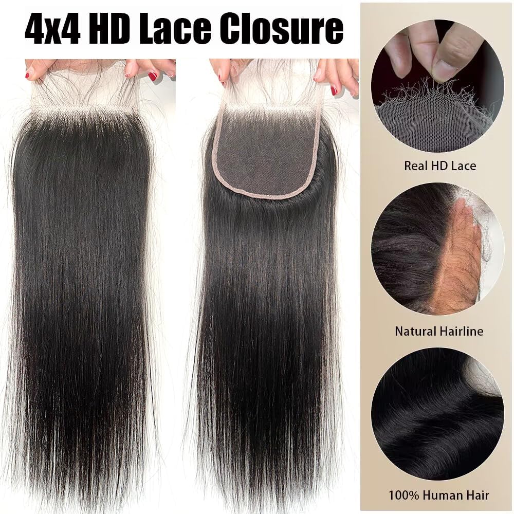 Mstoxic 4X4 Straight HD Lace Closure Human Hair Extensions 12A Brazilian Virgin Remy 100% Unprocessed Human Hair Frontal Free Part Closure Only Pre Plucked With Baby Hair Natural Black 14 Inch
