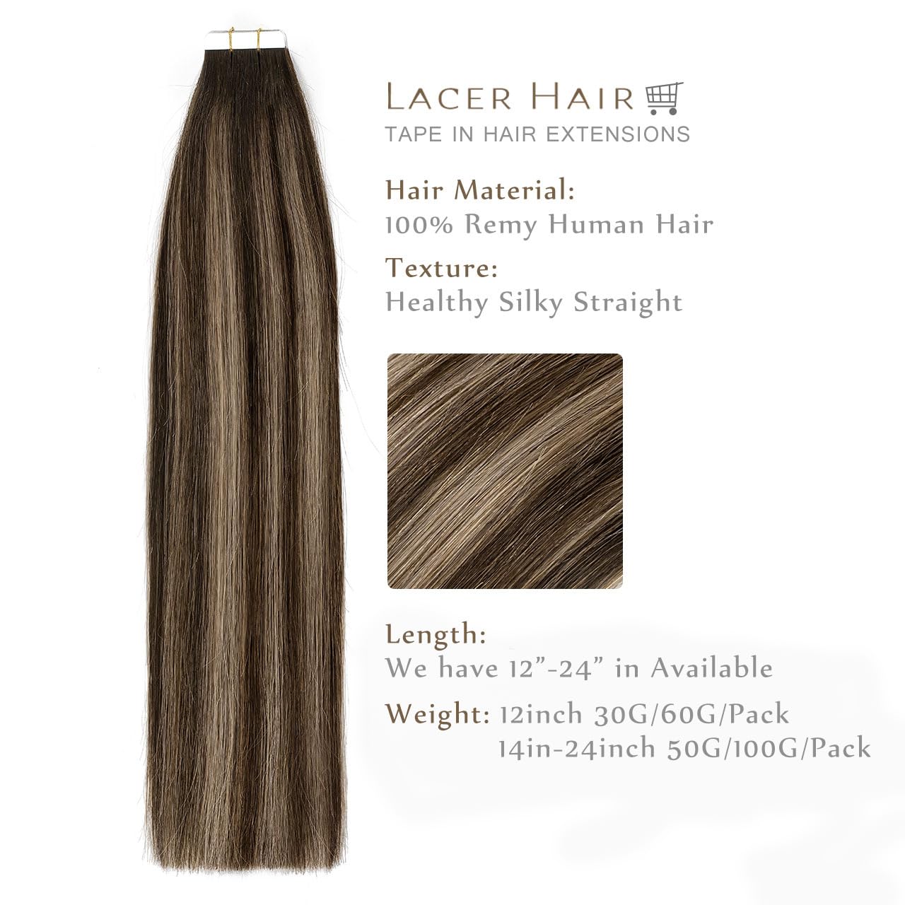 Lacer Ombre Tape in Hair Extensions Human Hair Chestnut Brown Mixed Dark Brown with Dark Brown Roots Seamless Double Sided Skin Weft Natural Hair Tape in Extensions 20 Inch 50g 20pcs