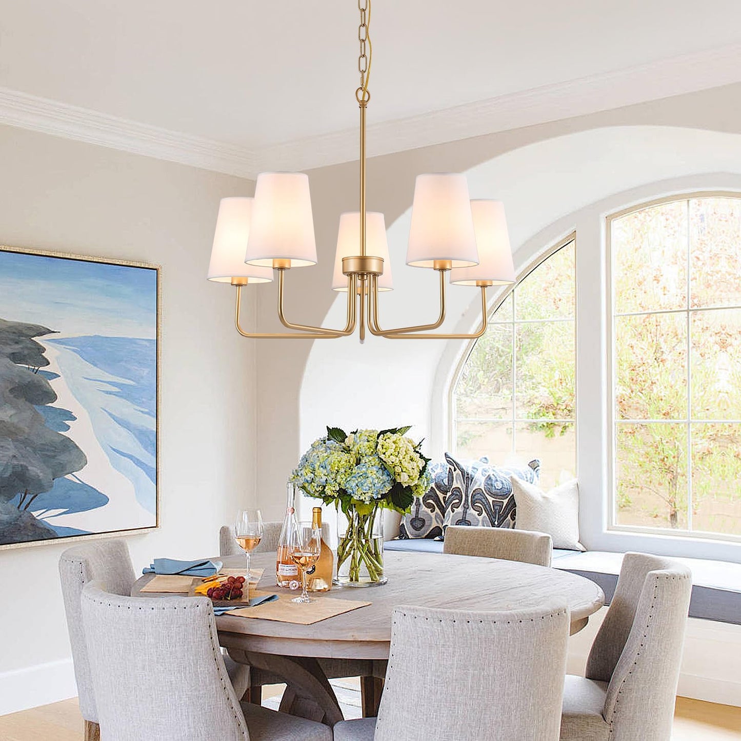 AMZASA Farmhouse Chandelier, 5-Lights Visual Comfort Gold Light, Muted Gold with White Fabric Shade, Linear Island Lighting Fixture for Kitchen, Dining Room