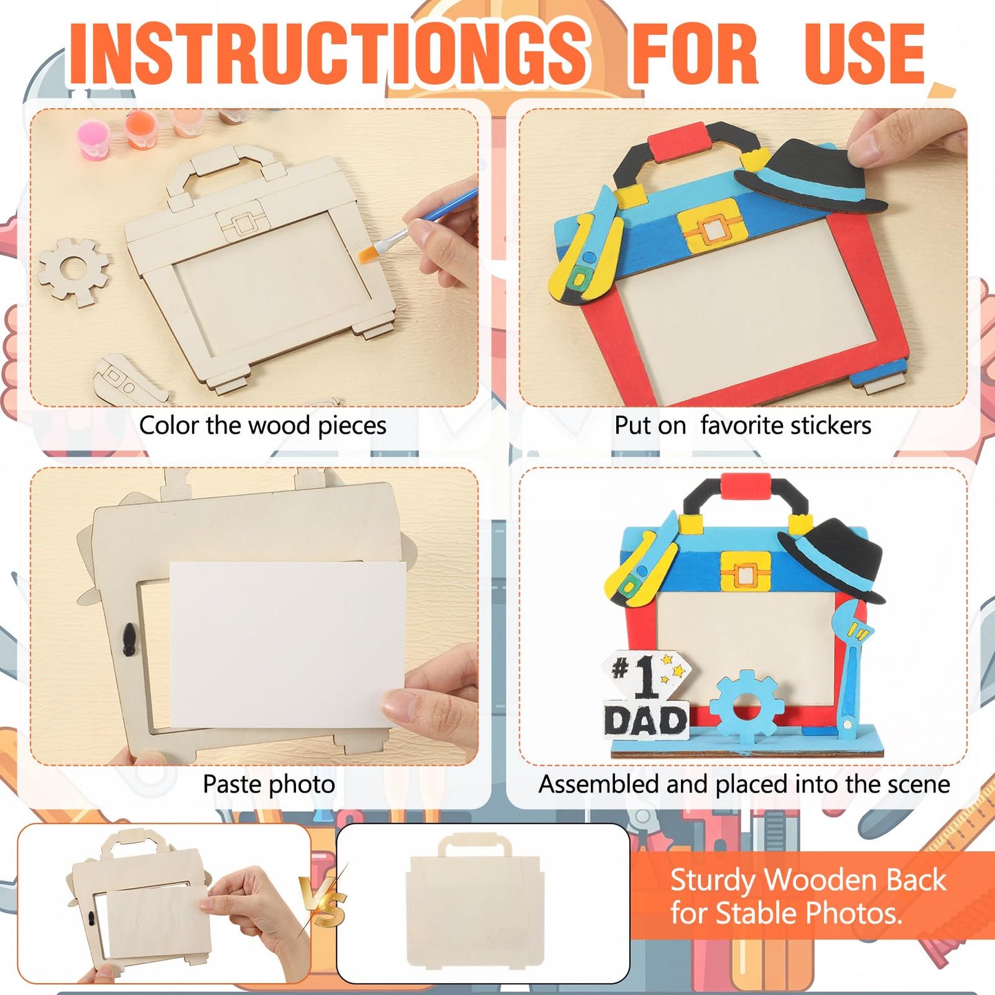 DoubleFill 12 Sets Father's Day Crafts Kit DIY Picture Frames with Paints Small Wooden Signs Color Your Own Wood Frame Gifts for Father's Day Activities Craft Project