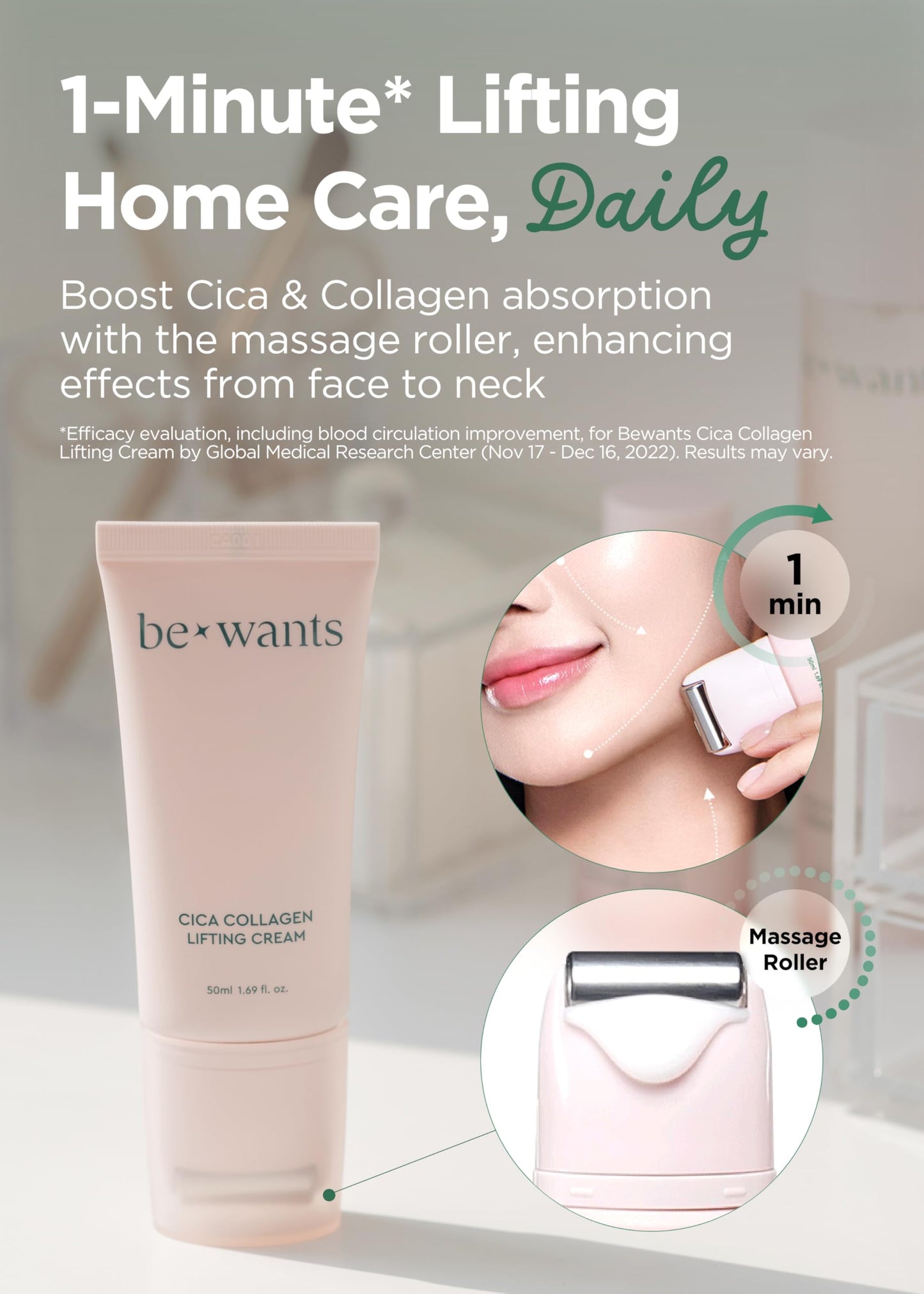 BE+WANTS Bewants Neck Lifting & Firming Cream with Centella Asiatica, Vegan Hyaluronic Acid, Neck and Face Firming Cream Moisturizer For Sagging Skin with Gua Sha Roller