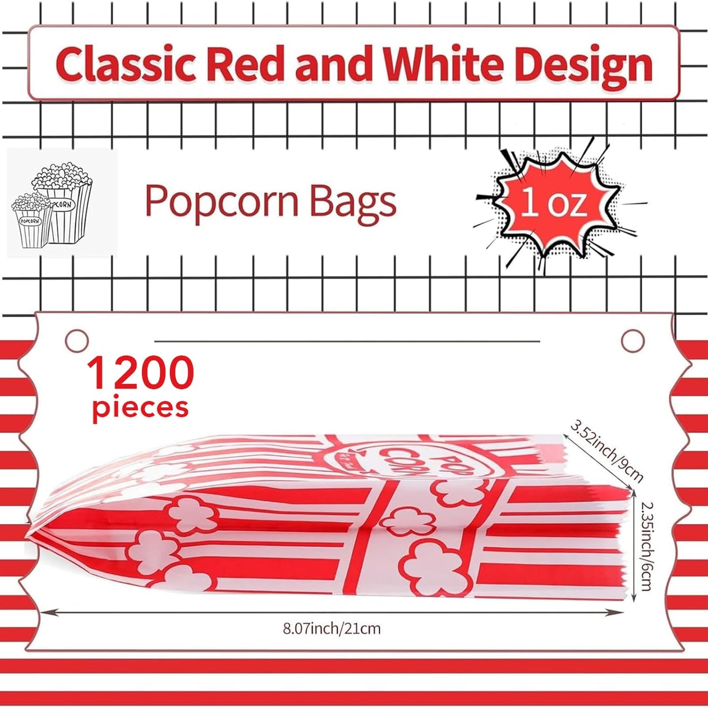 VOISEN Paper Popcorn Bags,1200 Packs 1oz Popcorn Bag Individual Servings, Pop Corn Bag Bulk for Poporn Machine,Movie Nights Pop Corn Bags
