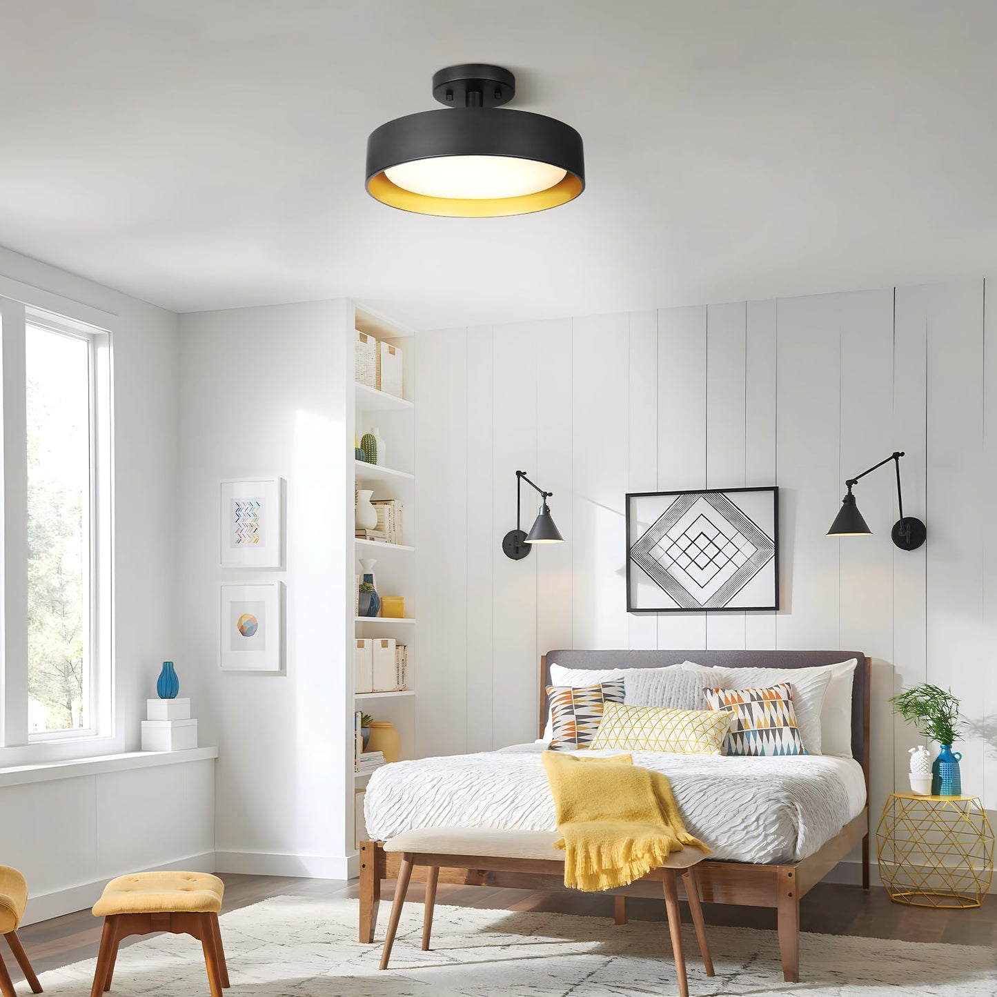 SunRider Semi Flush Mount Ceiling Lights, 12 Inch 25W LED Ceiling Light Fixture Black for Hallway Kitchen, Gold Inside, 5000K Daylight White, Dimmable