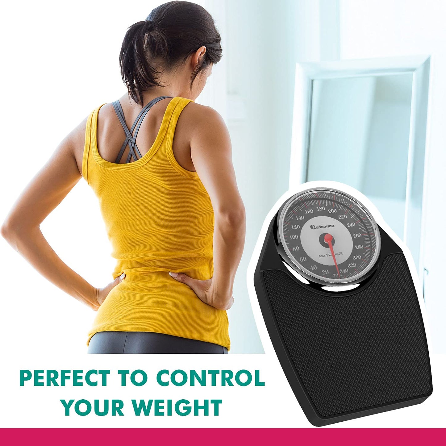 Adamson A24 Scales for Body Weight - Up to 350 LB - New - Anti-Skid Rubber Surface Extra Large Numbers - High Precision Bathroom Scale Analog - Durable with 20-Year Assurance - Black