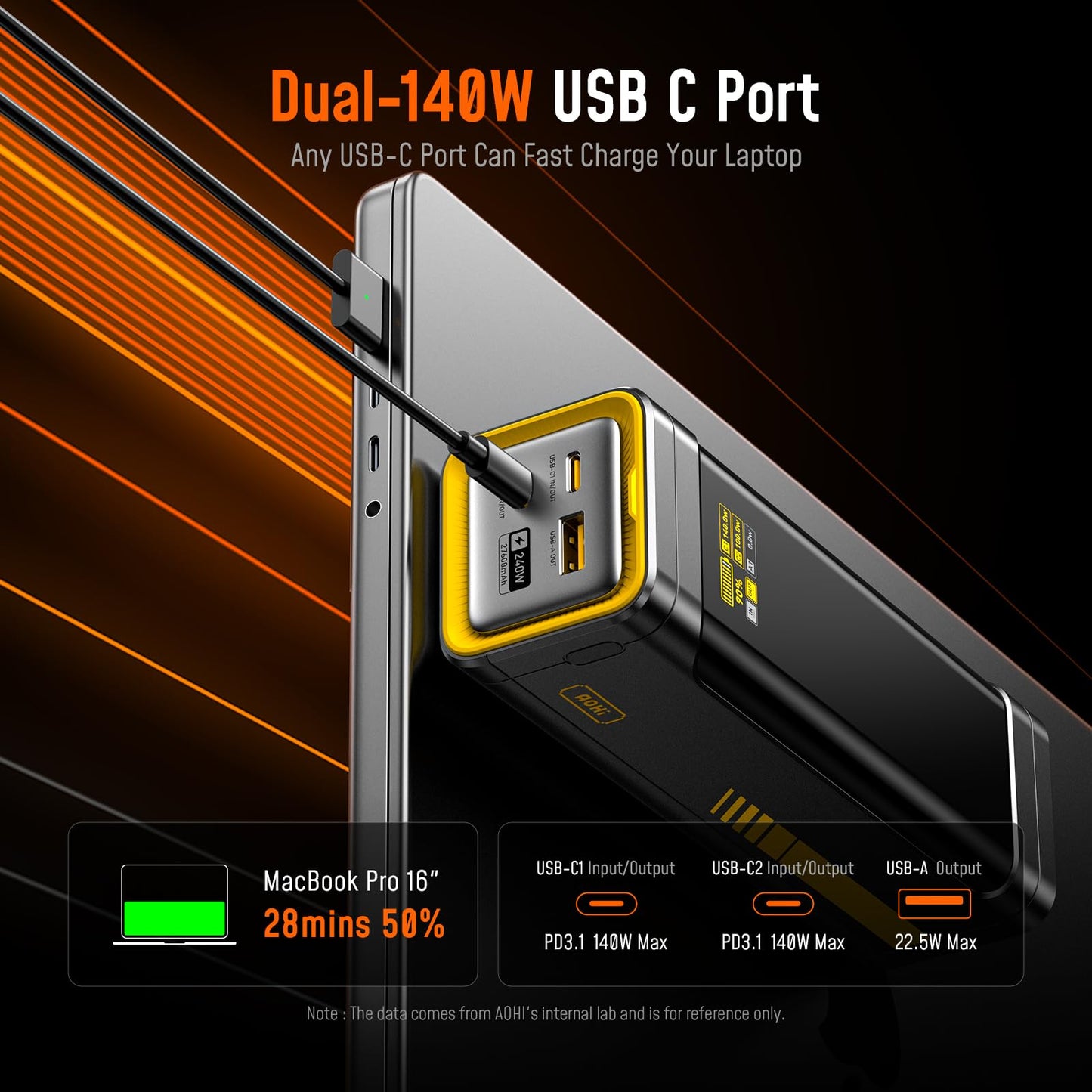 AOHI 240W Laptop Power Bank 27600mAh Portable Fast Charger (99.3wh), Airline-Compliant, 140W PD 3.1 Large Battery Pack The Future Starship for MacBook, iPad iPhone 16 Pro Max,Galaxy,Steam Deck, Grey