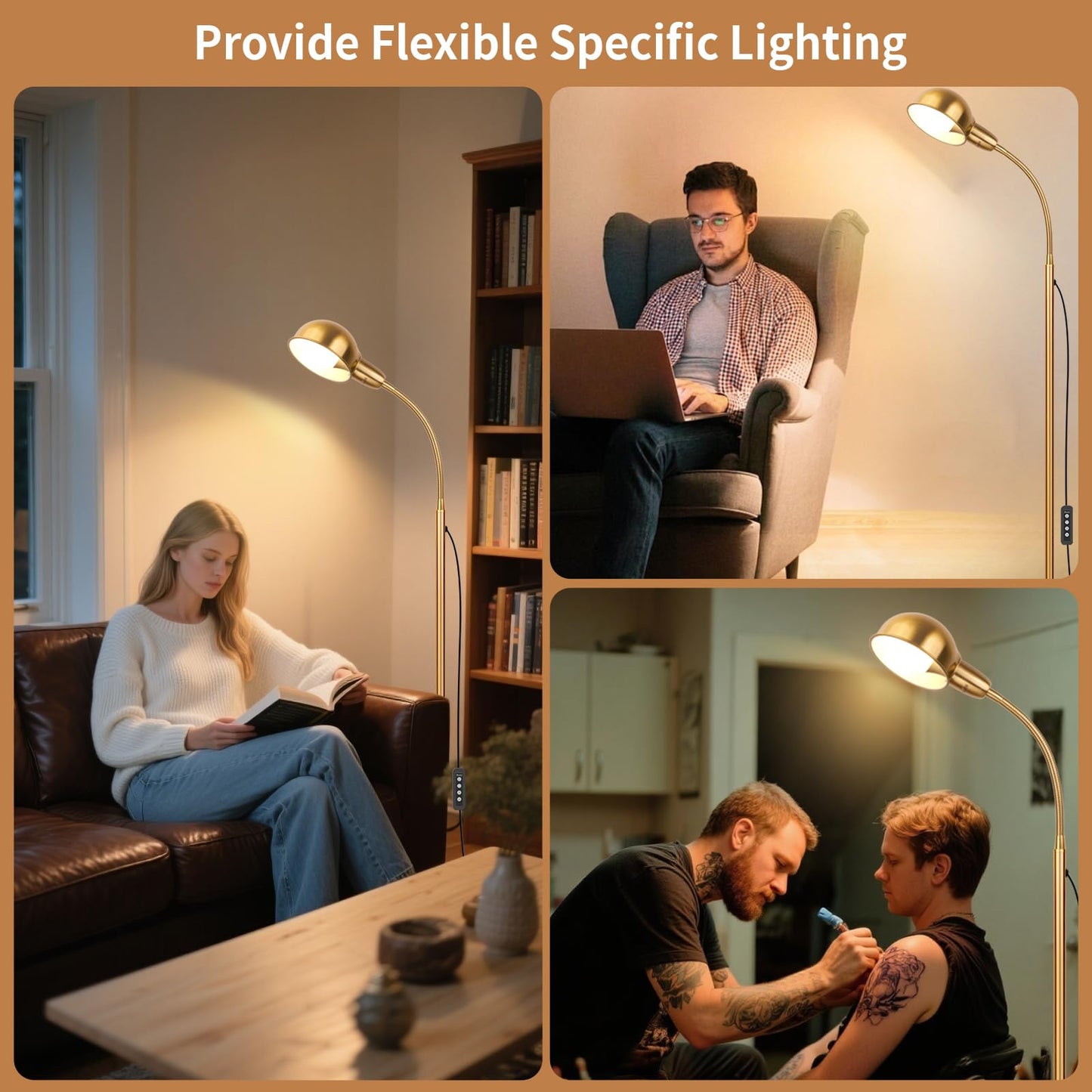 Ruiever Gold Floor Lamp with Flexible Gooseneck and Rotatable Shade,Standing Lamp Include Dimmer LED Bulb,Ideal Tall Lamp with Dimmer and Timer Switch for Reading,Bedside and Living Room (Gold)