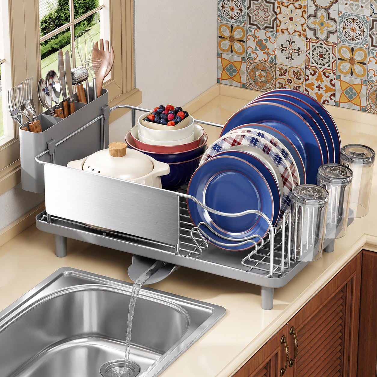 Stainless Steel Dish Drying Rack - Large Capacity Dish Rack for Kitchen Counter with Drain Board, Rustproof Dish Drainer with Auto Drain Spout Utensil Holder Glass Holder, Dinnerware Organizer, Gray