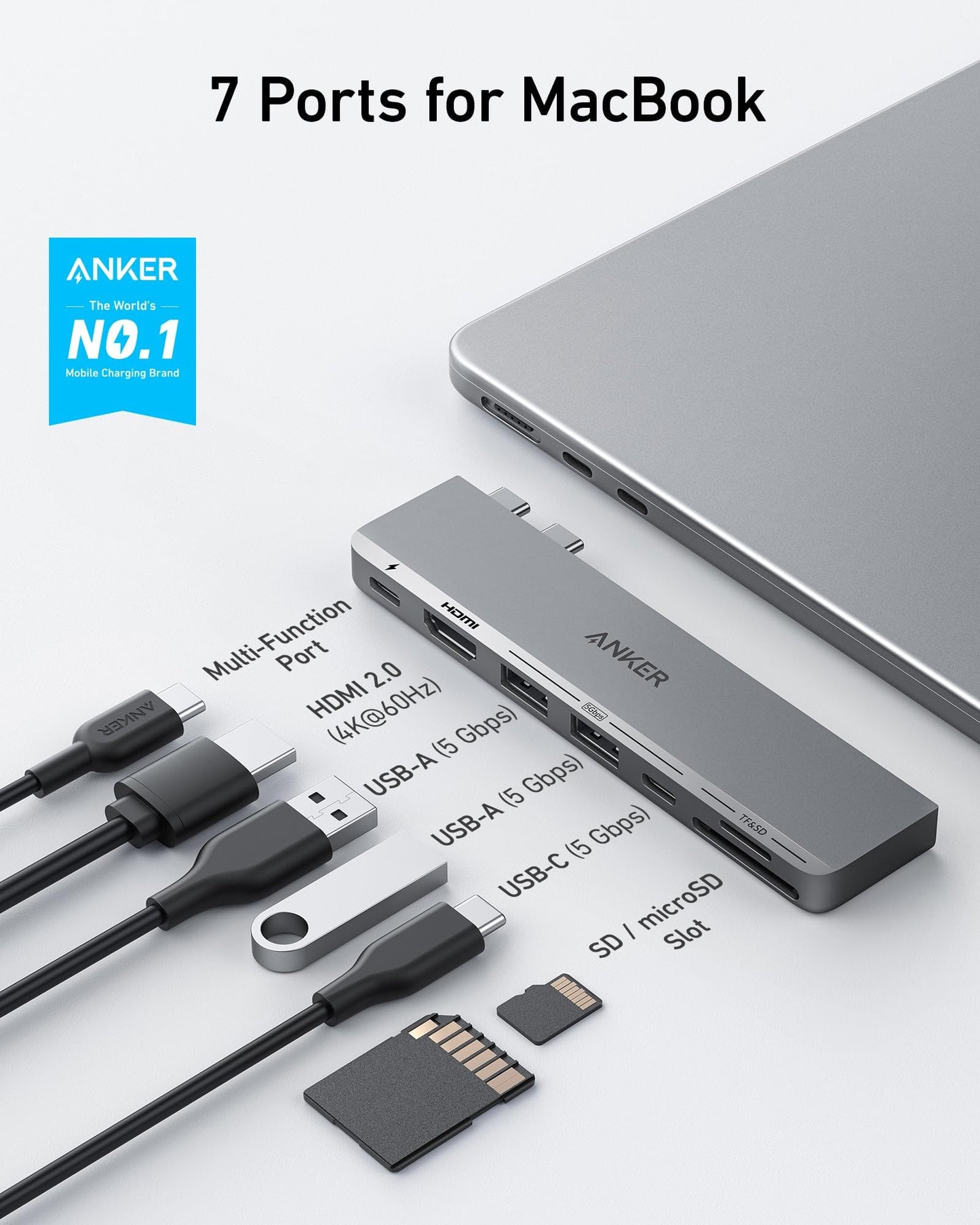 Anker USB C Hub for MacBook, Anker 547 USB-C Hub (7-in-2), Compatible with Thunderbolt 4 USB C Port, 4K HDMI, USB C and 2 USB A Data Ports for MacBook Pro 13 Inch, MacBook Air M1 / M2, and More