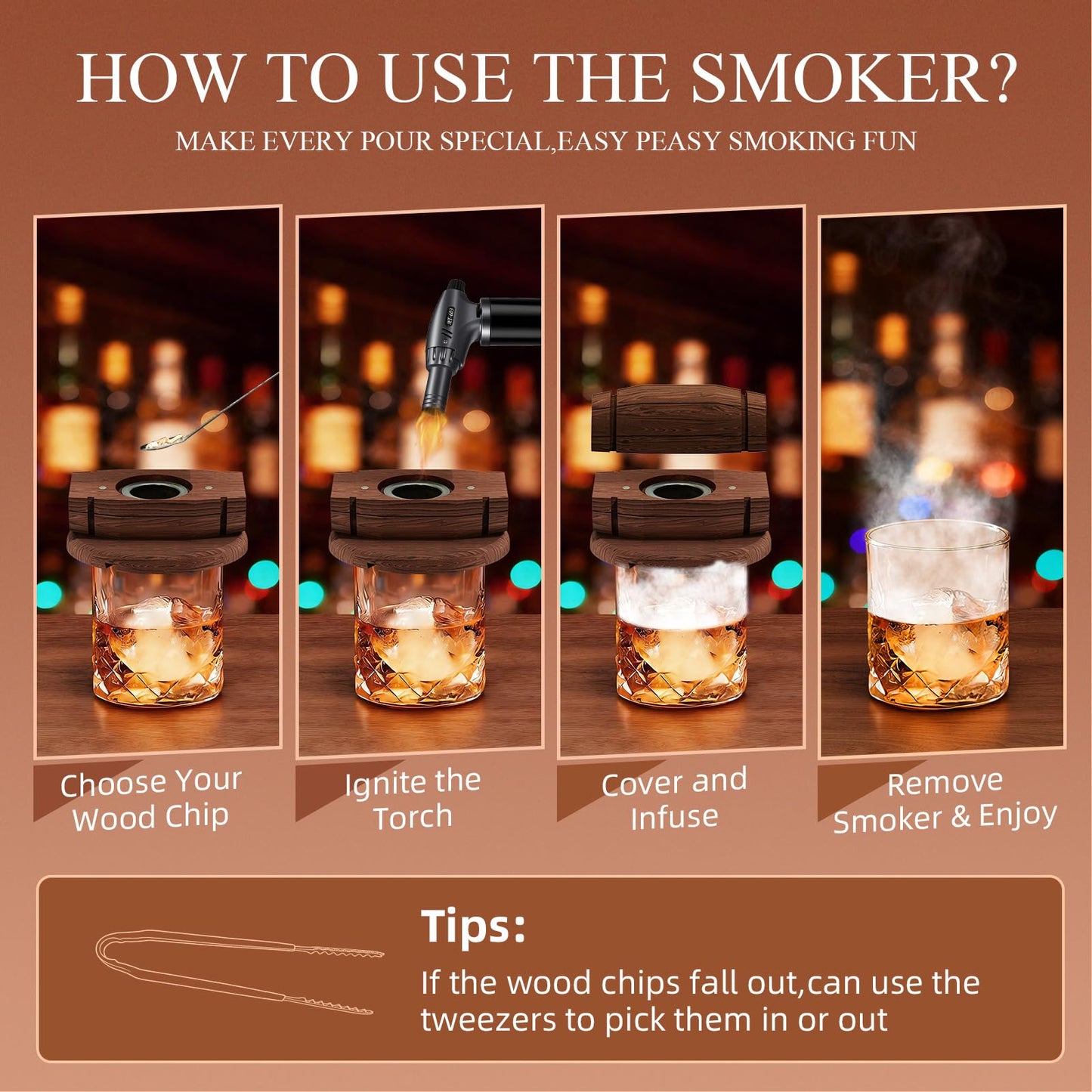 Enhanced Whiskey Smoker Kit with Torch – Old Fashioned Cocktail Smoker Infuser Set, 6 Wood Chip Flavors with Glasses & Ice Ball Molds – Gifts for Men, White Elephant & Stocking Stuffers (No Butane)