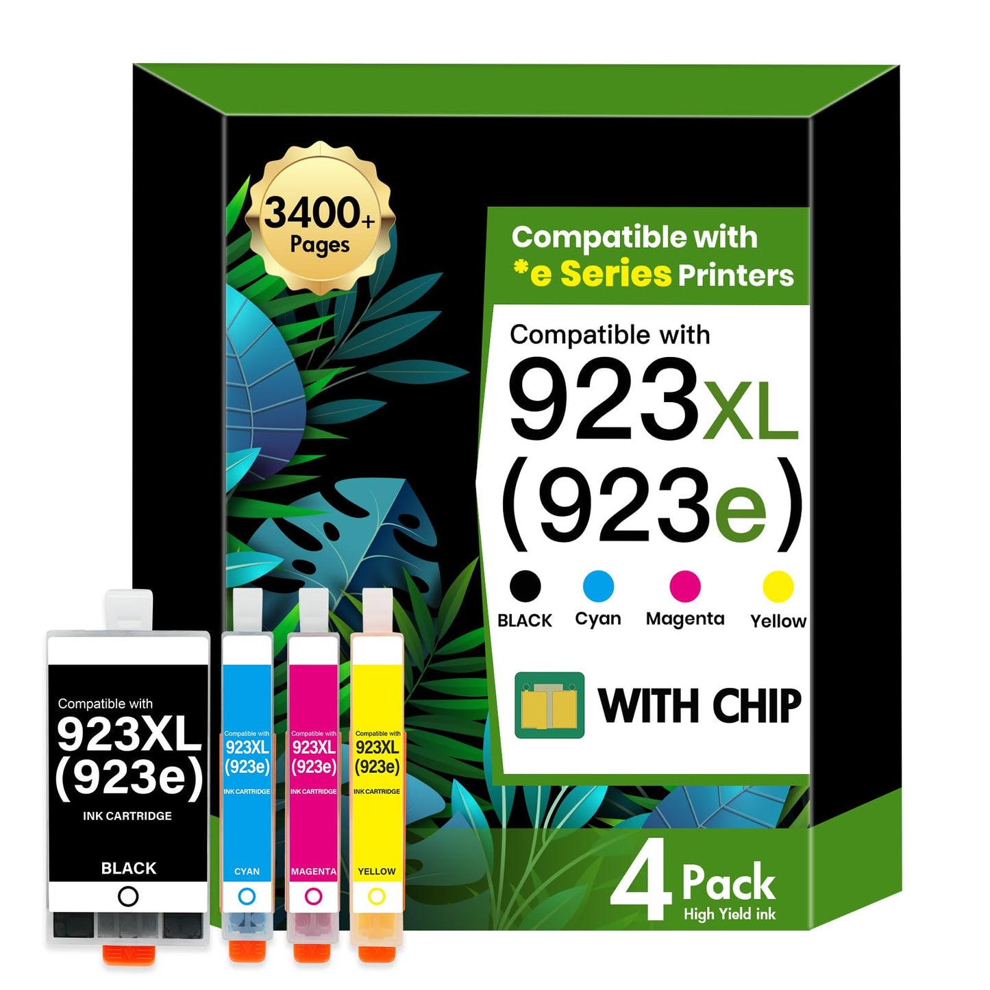 923XL 923e 923 8120e 8130e Ink Cartridges Combo Pack: Replacement for HP 923 Ink Cartridges for Printers OfficeJet Pro 8130e 8120 8135e 8138e 8139e 8125e (4 Pack Black Cyan Yellow Magenta with Chip)