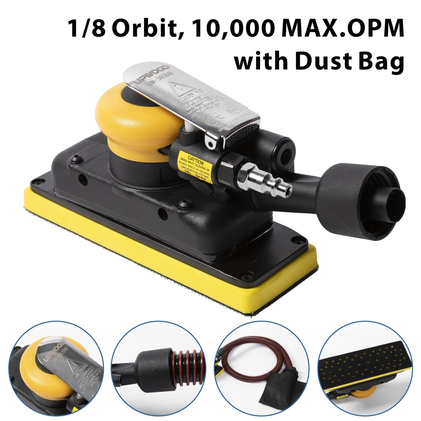 2-3/4" x 8" Dust-free Air Orbital Sander, 70 mm x 198 mm 1/8 in Orbit, 10,000 Max OPM Dust Bag Style with Extra Hook-Loop Pad and 15pcs (80/120/180/320/400) mesh sandpapers