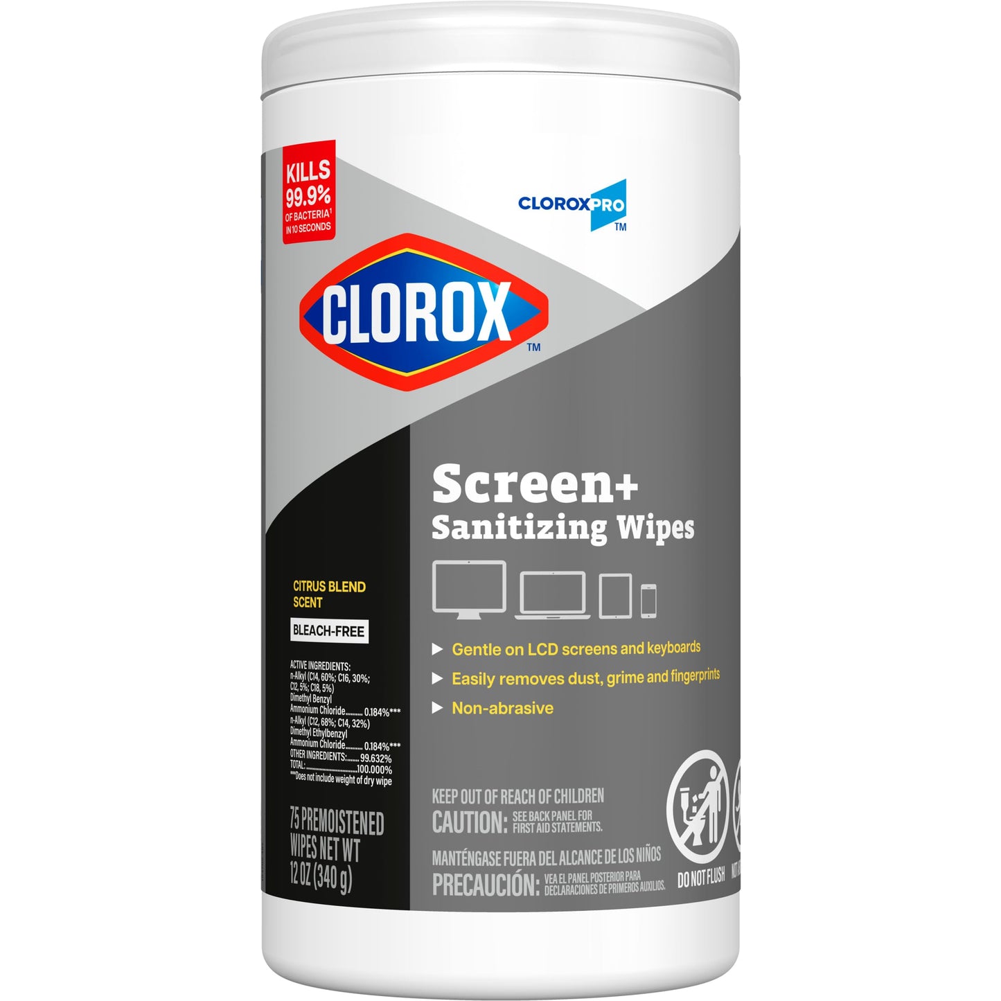 CloroxPro Clorox Screen+ Sanitizing Wipes, Bleach Free Cleaning Wipes, Citrus Blend Scent, 75 Count, Pack of 6