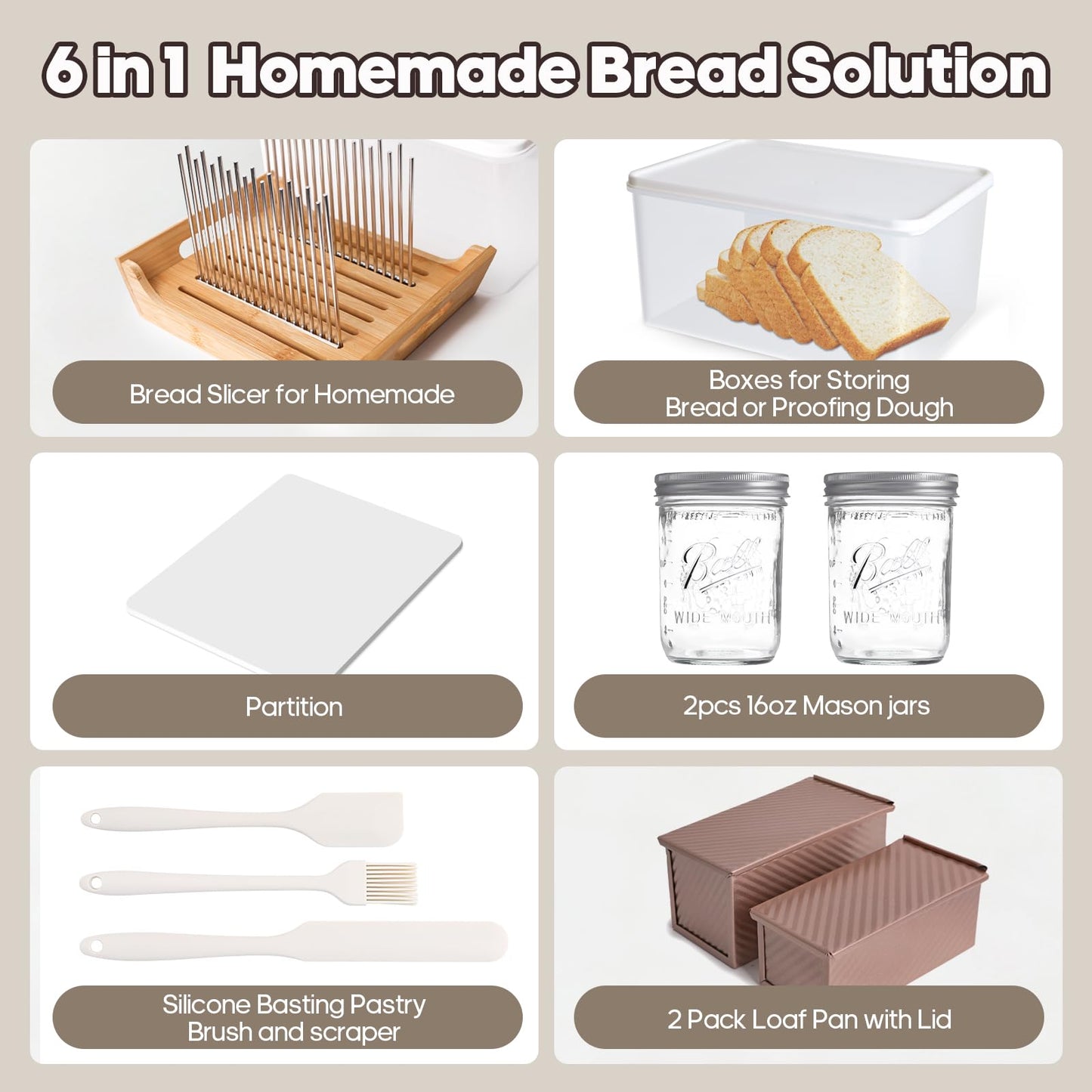 6 In 1 Homemade Bread Slicer With Bread Box For Homemade Bread,Adjustable 304 Stainless Steel Guide With Crumb Tray 2 Loaf Pan With Lid Mason Jars Basting Pastry Brush And Scraper Bread Loaf Slicer