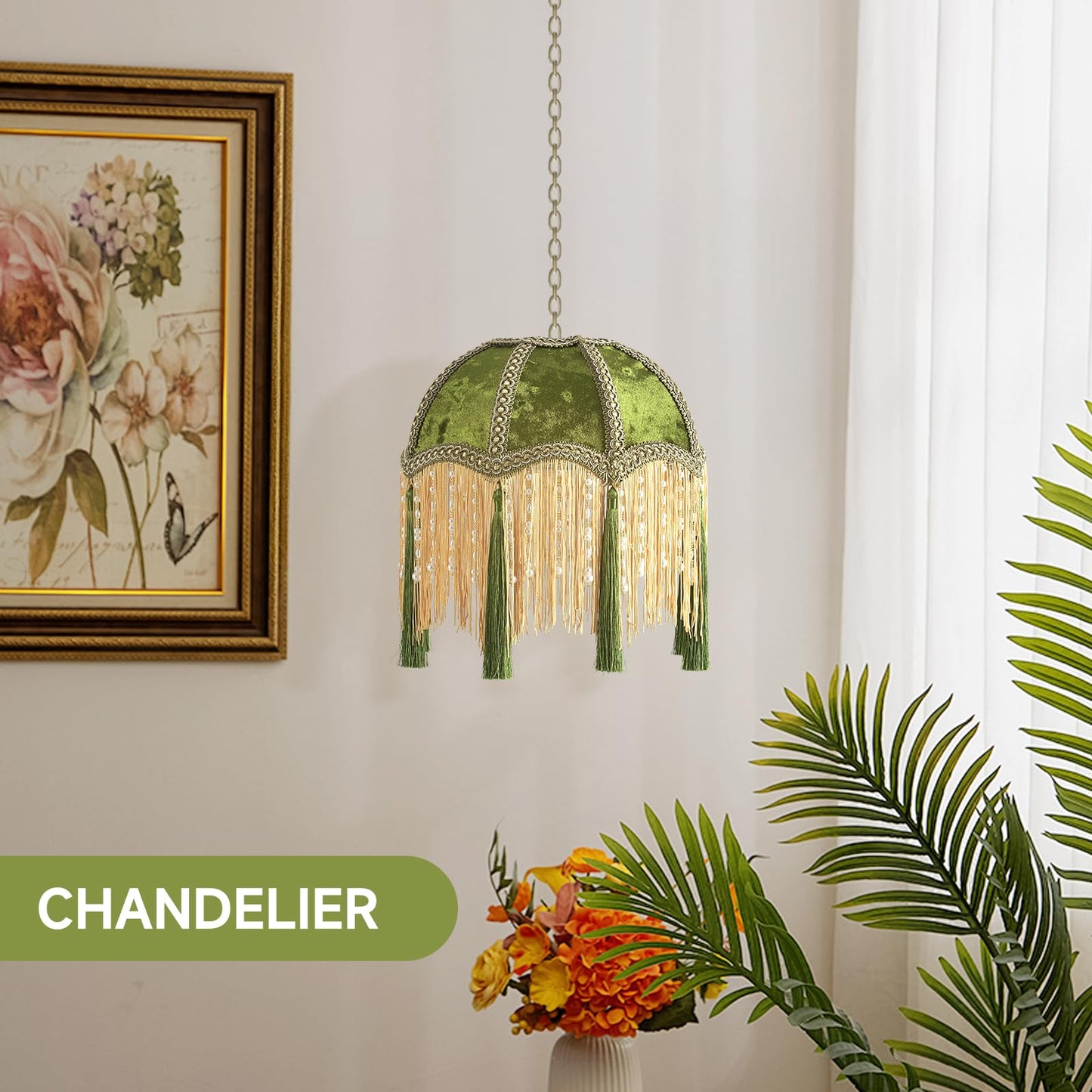 xiaojuande-Lampshade with tassels, Premium Classic Victorian, Style Bell Shape Scallop velvet top replacement lamp,9.8“Width 11.3”height(olive green)