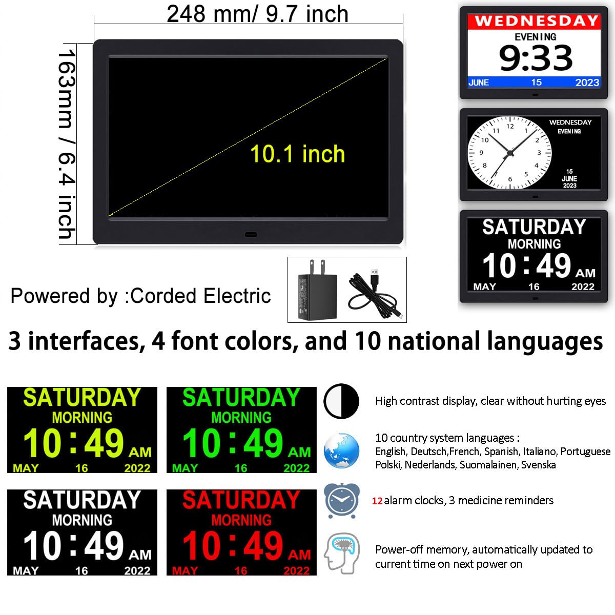 AINFTIME DST Clock with Day and Date for Elderly-3 Display Digital Calendar Alarm Day Dementia Alzheimers Clock with Extra Large Display (10.1in Black)