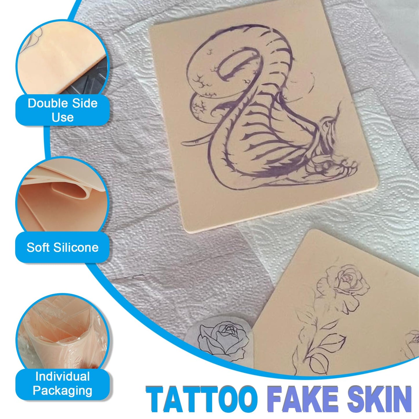 Emalla 3MM Fake Tattoo Skin - 20Pcs Thick Skin Practice Kit 7.48"x5.6" Double Sides Fake Skin Soft Silicone Practice for Beginners and Artists Tattoo Supplies