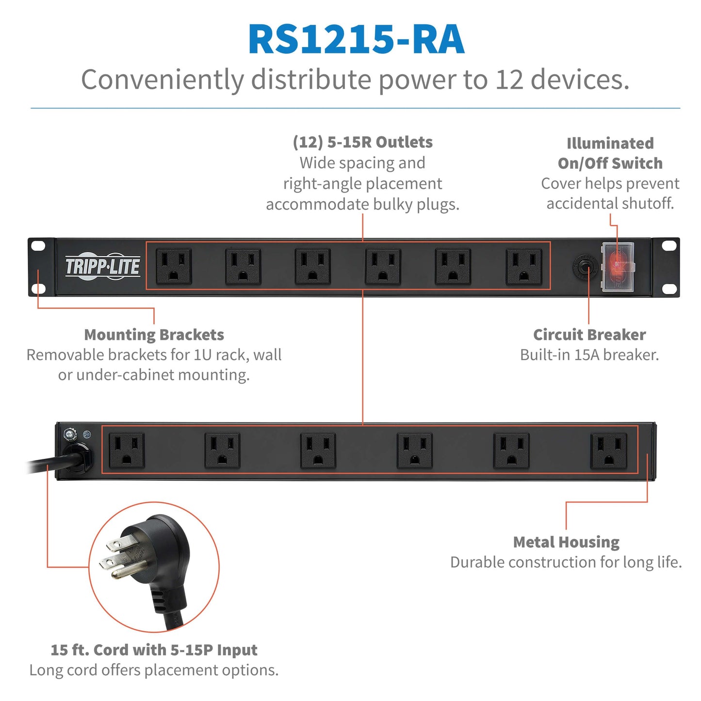 Tripp Lite 12-Outlet Rackmount PDU Power Strip, Six Front & Six Rear Facing Outlets, 15A, 120V, 15ft Cord with Right-Angle Plug, Horizontal 1U Rack Mount, Lifetime Manufacturer's Warranty (RS1215-RA)