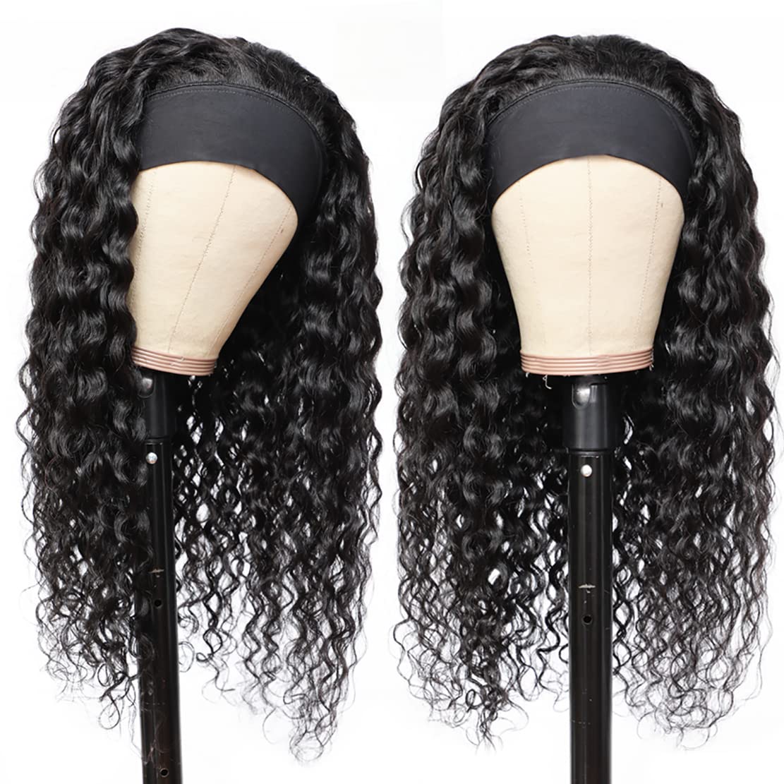Aiterina 26 Inch Headband Wig Human Hair Deep Wave Headband Wigs for Black Women Virgin Human Hair Headband Wig Glueless Curly Headband Wig Human Hair Headband Wig Natural Color