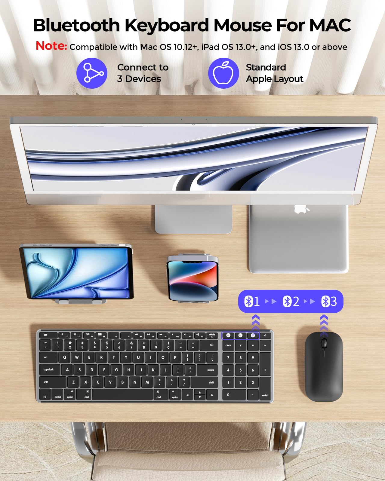 Wireless Bluetooth Keyboard and Mouse for Mac, Multi-Device Rechargeable Slim Keyboard and Mouse Stainless Steel Full Size, Compatible with MacBook Pro/Air, iPad, iMac - Space Gray