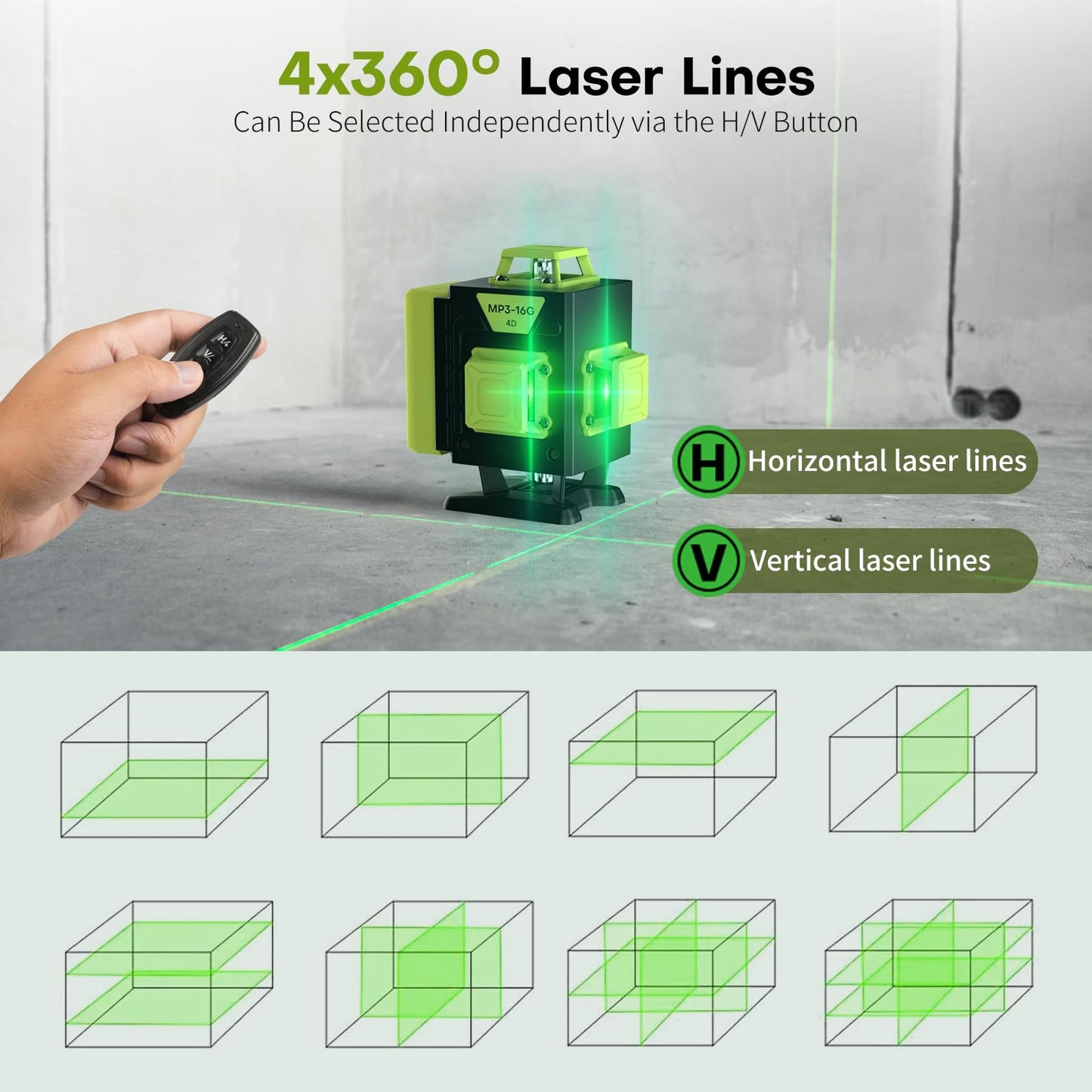 16 Line Laser Level 360 Self Leveling,4x360° Professional 4D Cross Line Green lazer Level with 2 Batteries for Construction and Picture Hanging,Adjustable Brightness Magnetic Bracket,Remote Control