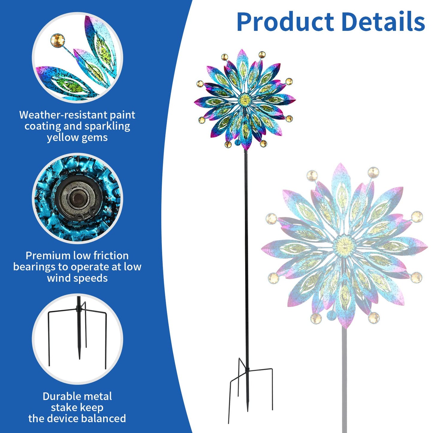 Wind Spinner for Yard and Garden Windmill Outdoor Metal Kinetic Wind Sculpture Dual Direction 360 Degrees Swivel for Yard Patio Lawn Decoration,61 Inch