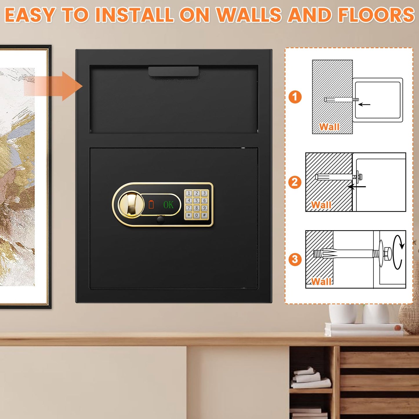 2.8 Cubic Fireproof Drop Safe for Business, Anti-Theft Drop Slot Safes for Money with Digital Combination Lock & Spare Keys, Cash Depository Safe with Drop Box for Home Retail Store Business