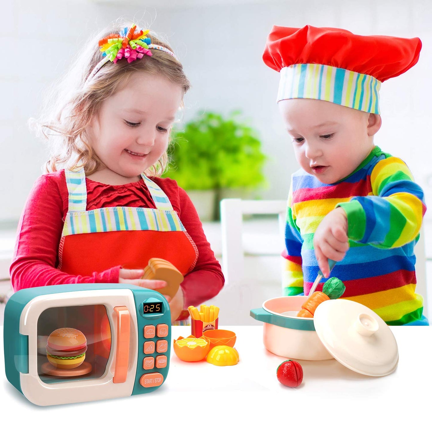 CUTE STONE Microwave Toys Kitchen Play Set, Kids Pretend Play Electronic Oven with Play Food, Kids Cookware Pot and Pan Toy Set, Cooking Utensils,Great Learning Kitchen Toys for Girls Boys