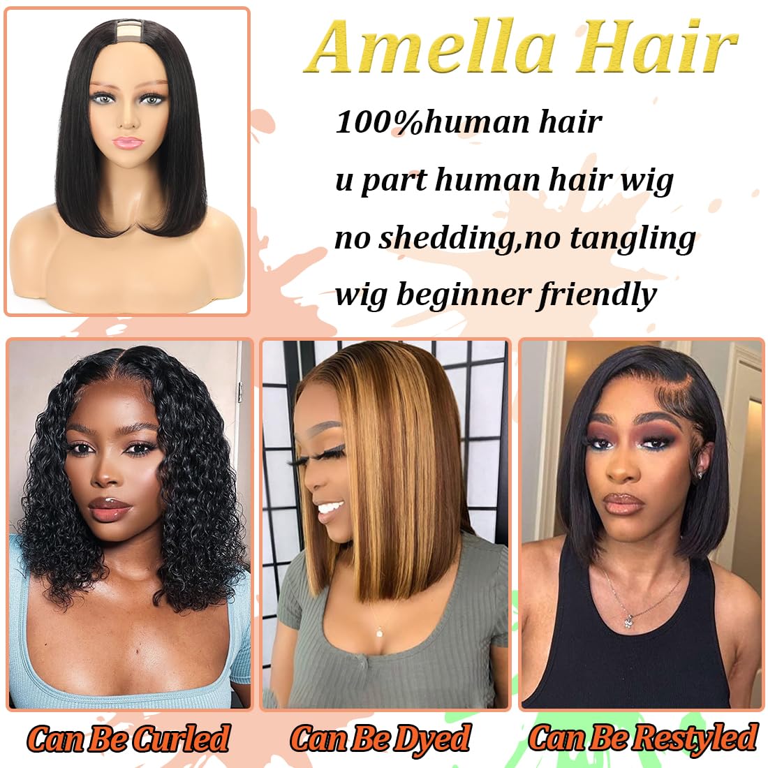 Amella Hair U Part Wig Bob Straight Wig U Part Bob Wig Brazilian Virgin Human Hair Wig for Black Women U Part Human Hair Brazilian U Part Natural Color 14inch