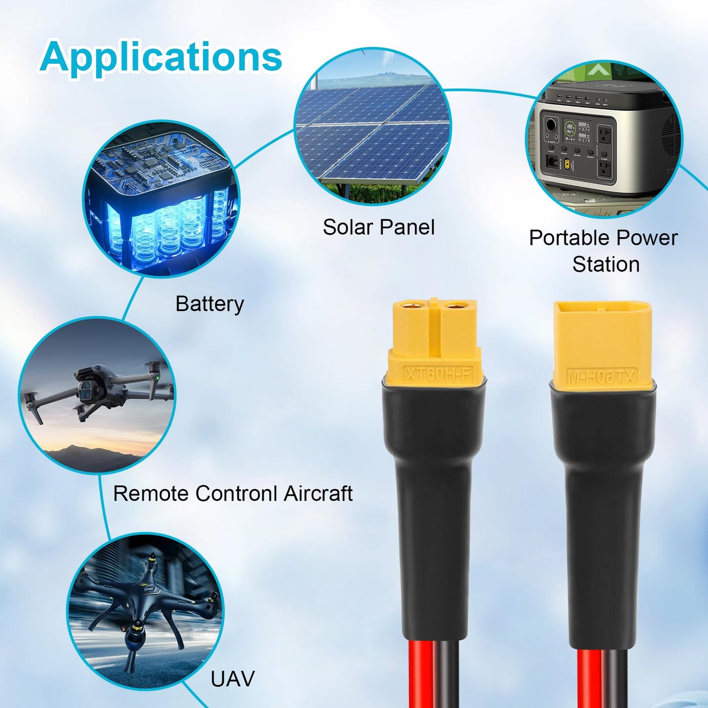 10AWG 50FT XT60 Extension Cable 2 3 5 10 15 20 25 30 35 40 50 75 100FT XT60 Female to Male Connector for Portable Power Station Solar Panel RC Battery